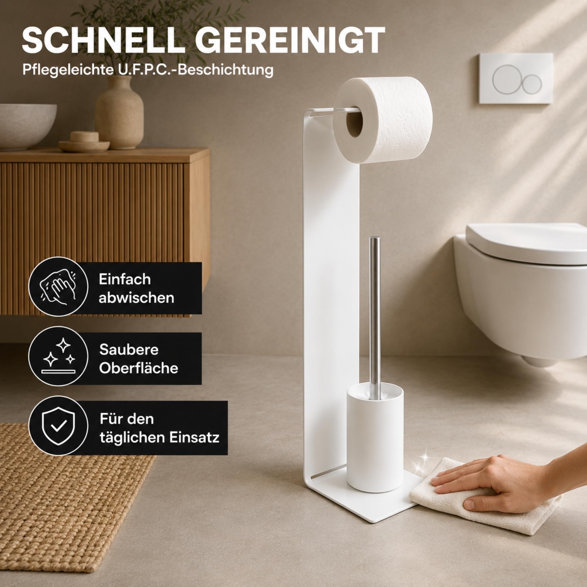 Radius PURORAGGIO WC-Garnitur freistehend – WC-Bürste mit Toilettenpapierhalter in einem – Moderne 2-in-1 Toilettengarnitur für Bad & Gäste-WC – Aluminium, U.F.P.C.-beschichtet (Weiß)