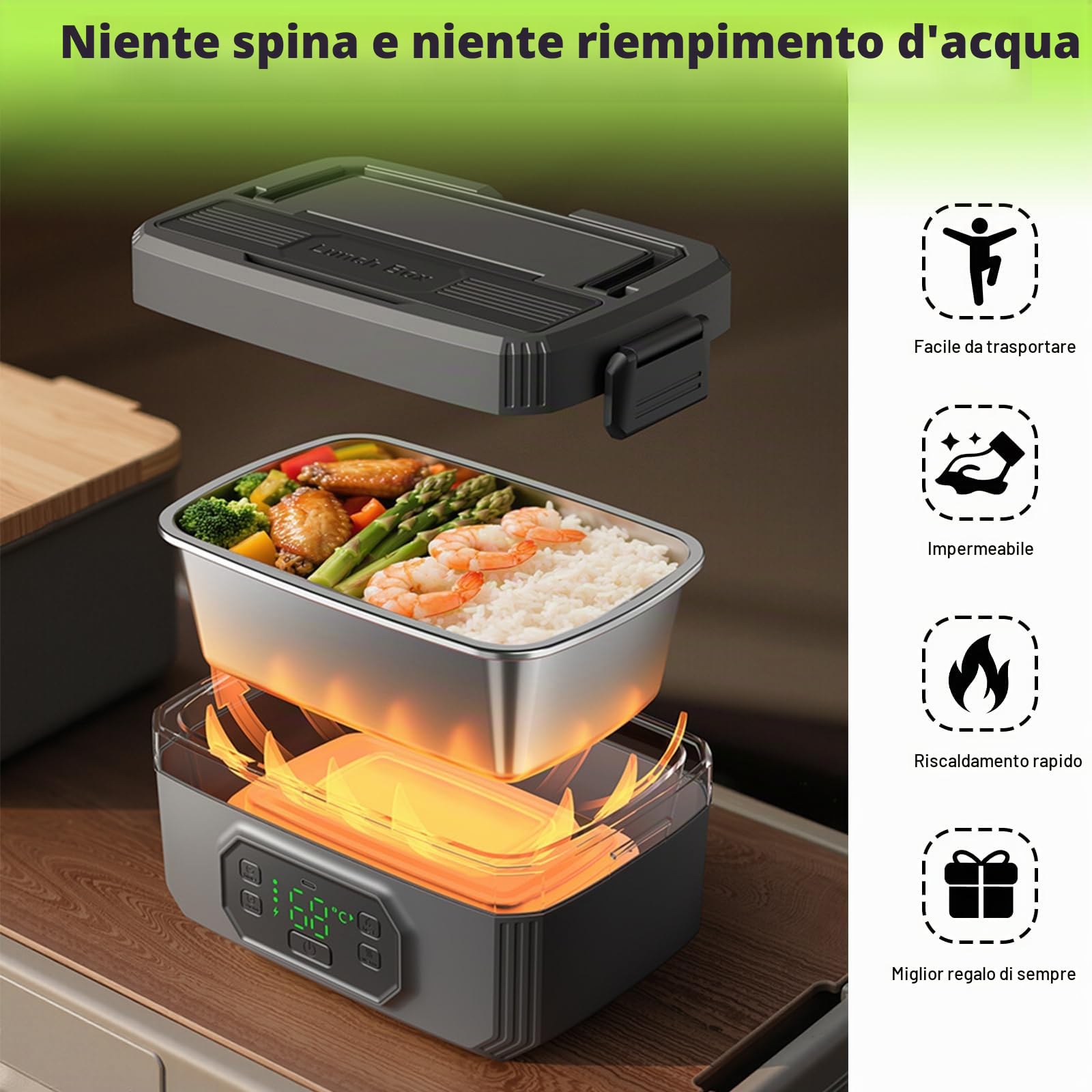 Contenitore per il pranzo elettrico con batteria, portatile, riscaldato, per adulti, ricaricabile, elettrico, autoriscaldante, con controllo del tempo e funzione di mantenimento del calore, per