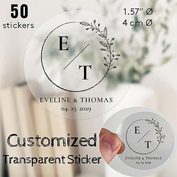 50 Custom Clear Stickers PET - Crystal Transparent & 100% Waterproof | Personalized Round Labels with Black Text for Wedding Favors, Jars, Branding 1.57"/4cm Color Design Pattern 4