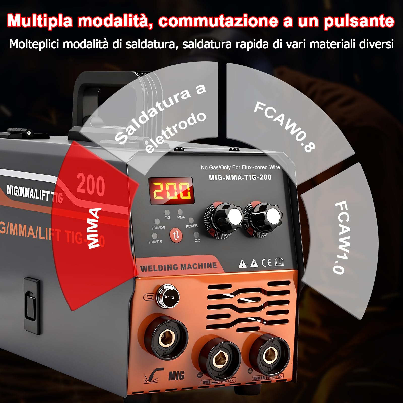 Saldatrice MIG, 20-200A Saldatrice a Filo Animato Senza Gas, Saldatrice Inverter 3 in 1 MIG/MMA/LIFT TIG, con Tecnologia Inverter IGBT e Display LCD, Filo 1,0 mm, 2,5 mm Rod, Pistola di Saldatura
