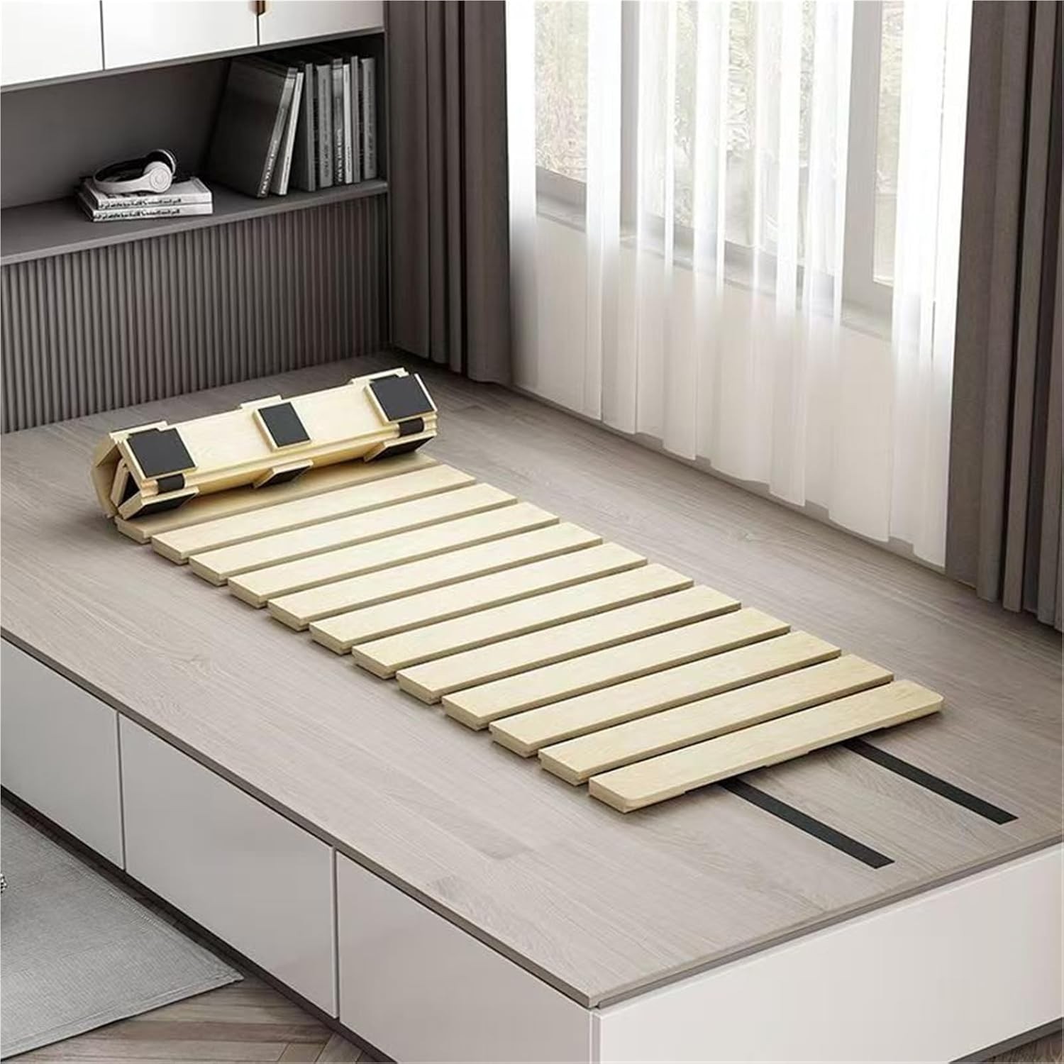 Breathable and Moisture-Proof Bed Board, Tatami Guest Bed, Folding Pine Slat Bed Frame, Floor-Standing Roll-up Wooden Slat Mattress.(100cm/39.3in)