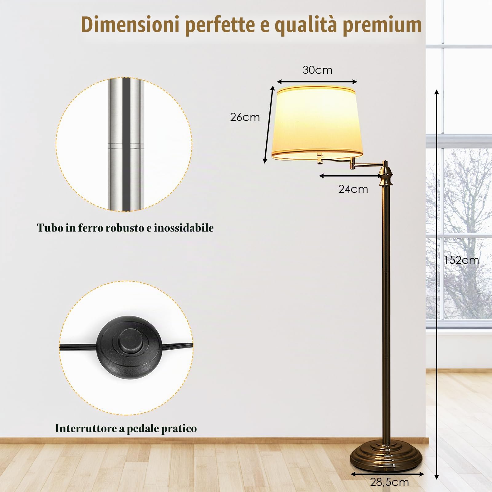 HOMASIS Lampada da Terra, Lampada da Piantana, Lampada Girevole ed Estensibile con Paralume Beige in Tessuto e Base Stabile in Ferro, Senza Lampadina, E27,40W, per Salotto, Studio, 28,5 x 152 cm
