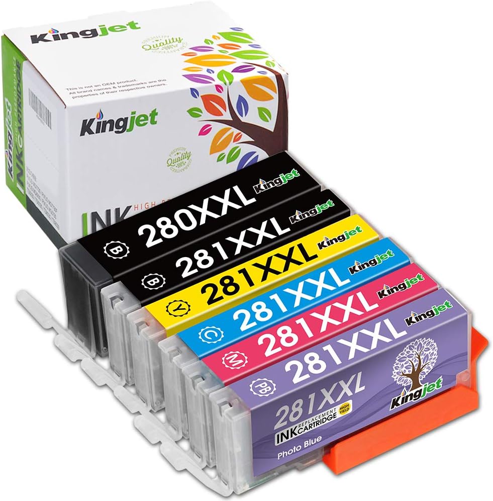 Kingjet Compatible Ink Cartridge Replacement for Canon 280XL 281XL 280 281 Work for Canon TS9120, TS8220, TS8120, TS8320 Printers, 6 Color Pack