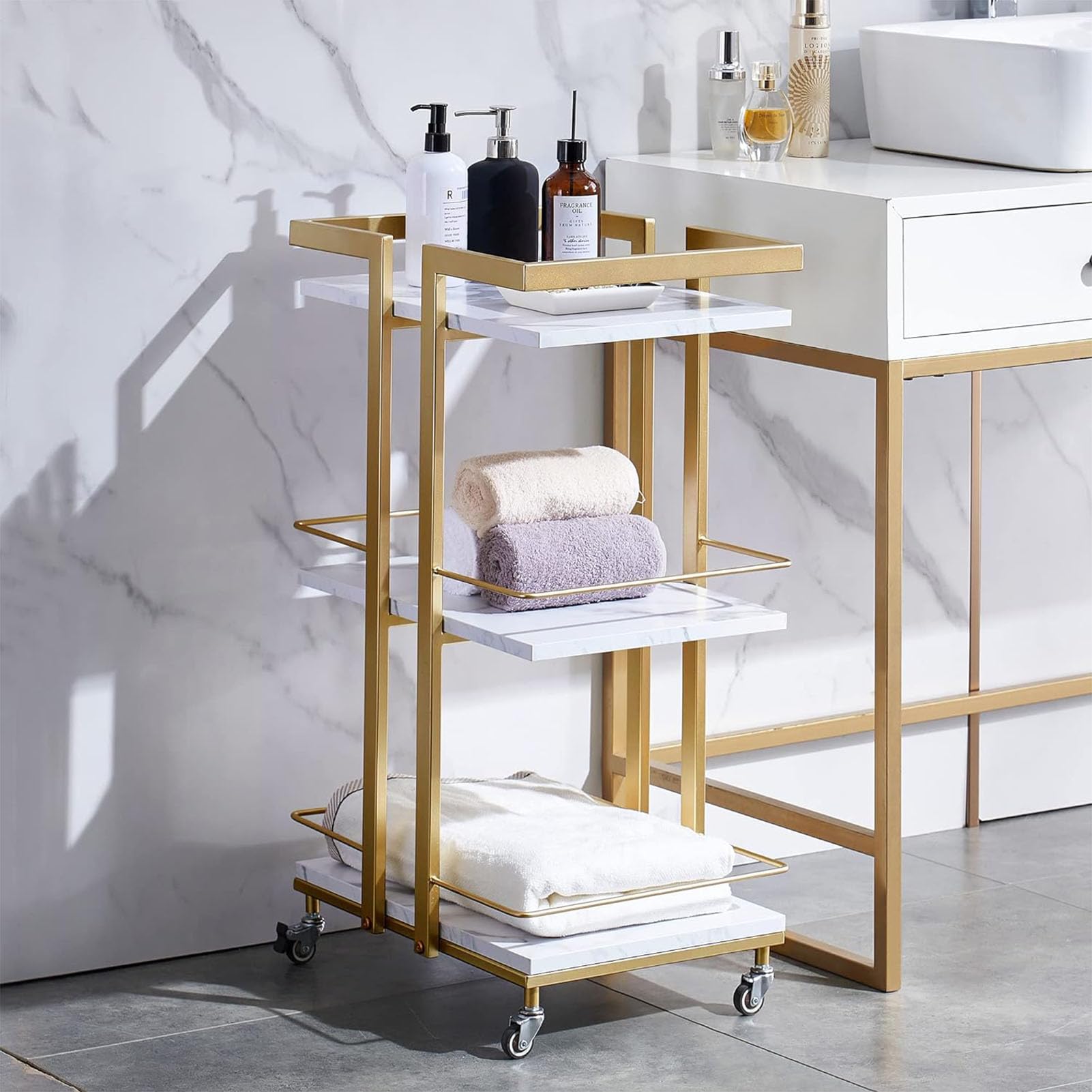 Chariot de Bar à 3 Niveaux, etagère pour Ongles et Cils d'institut de beauté, Chariot de Service Moderne avec roulettes, pour Cuisine, Salle de Bain,d'or,45 * 30 * 75cm