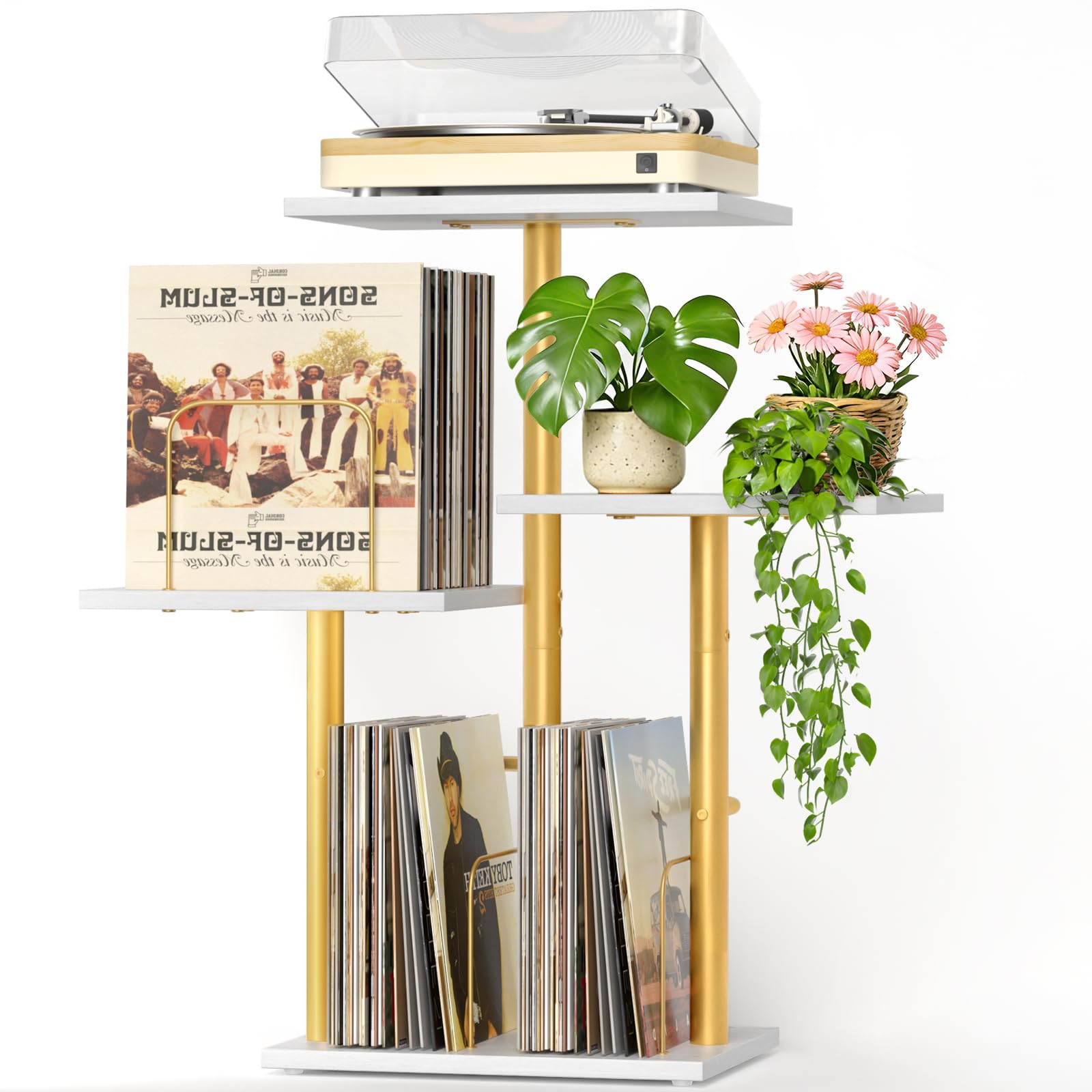 Bikoney Botanical Record Player Stand,Vinyl Record Storage Holder with Plant Stand, Vintage Turntable Stand Table with Record Album Display Shelf,Unique Record Console Cabinet, Modern Wood Gold White
