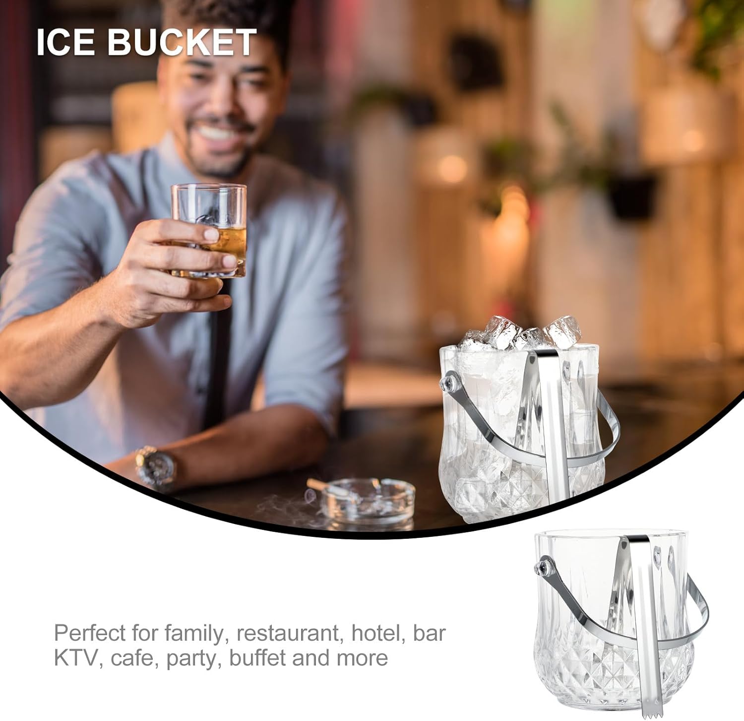 Glass Ice Bucket with Handle, Handheld Multi-purpose Ice Storage Bucket with Tong for Bar and Wine Chilling at Home and Parties