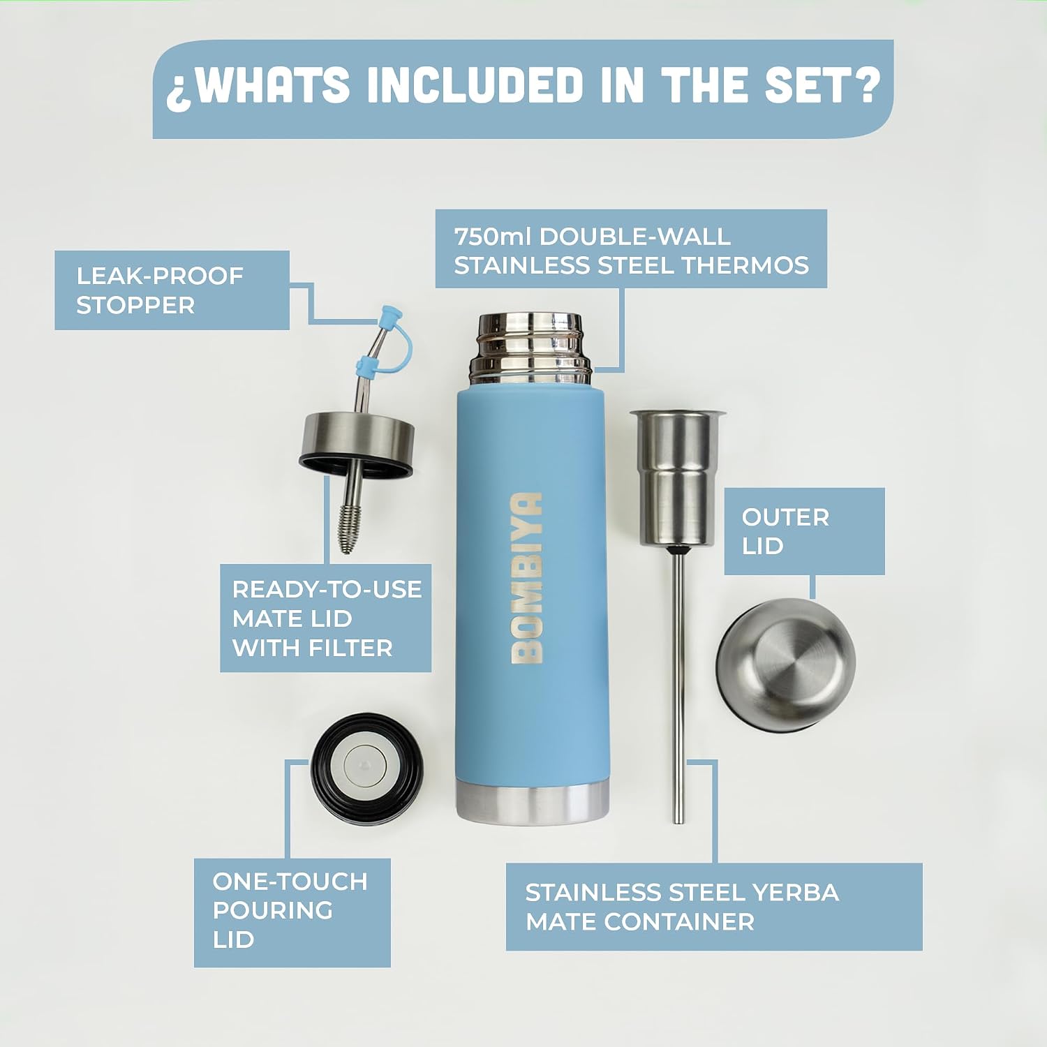 750ml Full Stainless Steel Mate Listo Automate – 25.3 fl oz Yerba Mate Thermo All in One, Termo para Mate Argentino Kit, Acero Inoxidable (Blue)