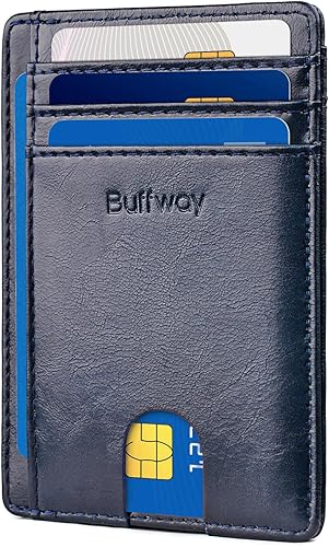Buffway - Billetera delgada minimalista de cuero con protección RFID para hombre y mujer