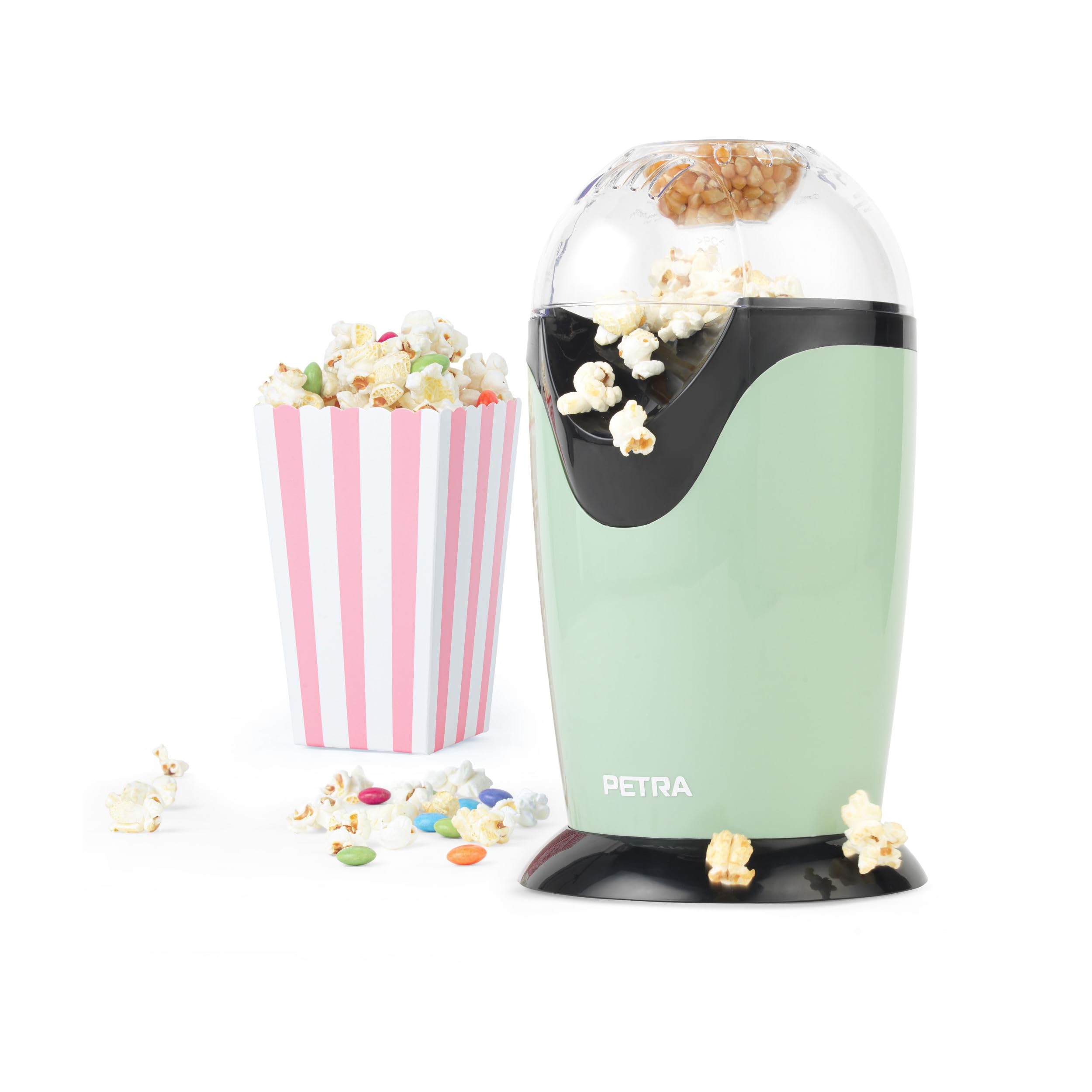 Petra PT0493GRVDEEU7 Macchina per popcorn elettrica ad aria, macchina retrò per popcorn dolci e salati, 1200 W, senza olio, dolci sani, misurino incluso, Senza BPA, popcorn in meno di 3 minuti, verde