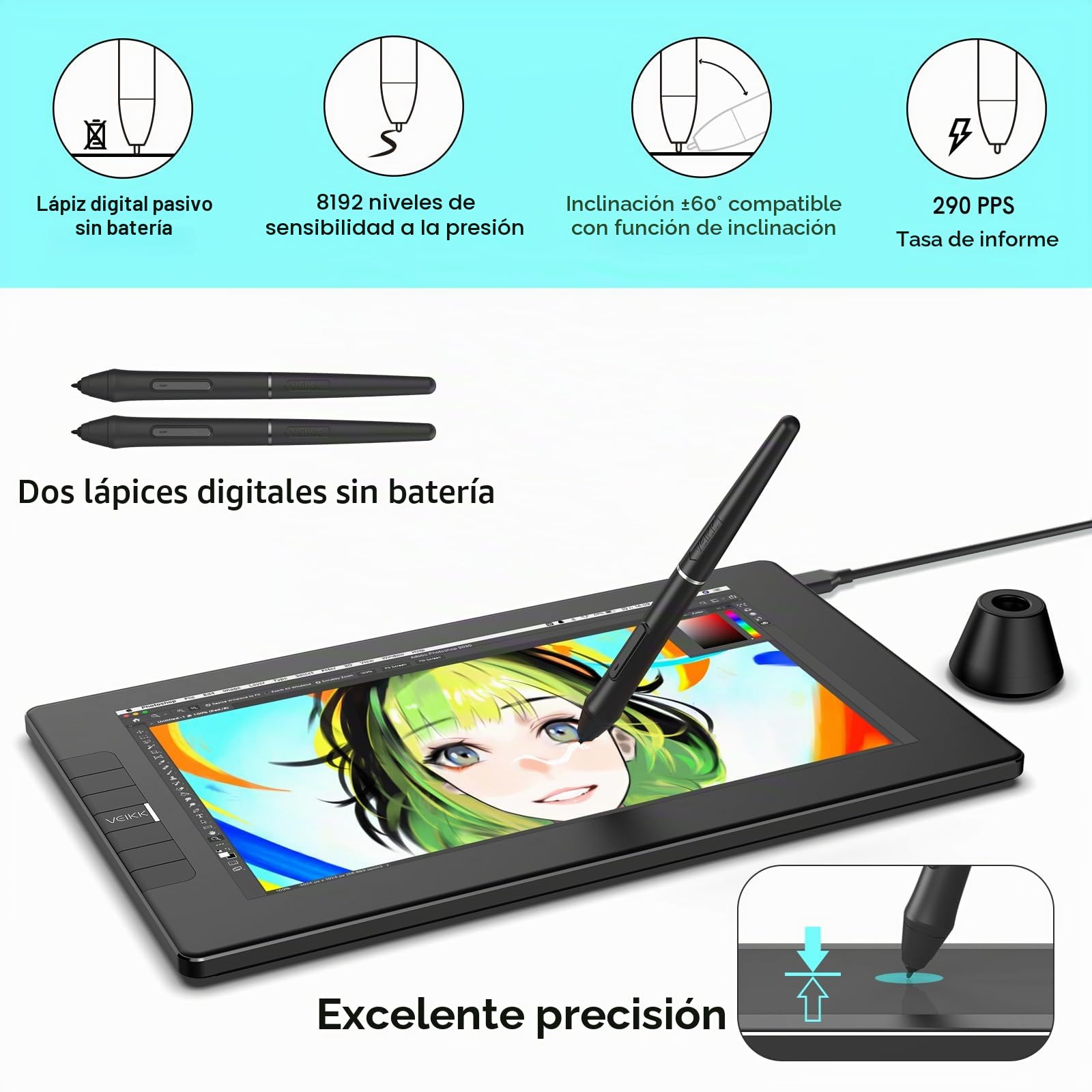 VEIKK VK1200 - Tableta de Dibujo de 11.6 Pulgadas con Pantalla, 8192 Niveles de presión sin batería, función de inclinación, 6 Teclas de Acceso Directo, para Artistas, Estudiantes y Principiantes