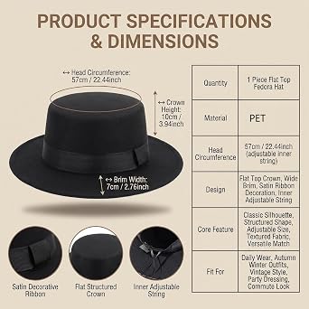 ericotry Black Classic Wide Brim Flat Top Hat Fedora Hat Church Derby Cap Jazz Hat for Wedding Party Talent Show Performance