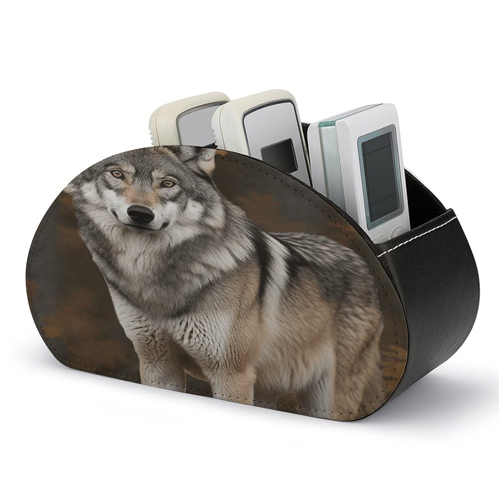 FekiLoot Leather TV Remote Control Holder with 5 Compartments Multifunctional TV Remote Holder Bedside Table Remote Caddy Storage Box Wild Wild Gray Wolf Remote Organizer for Home Office