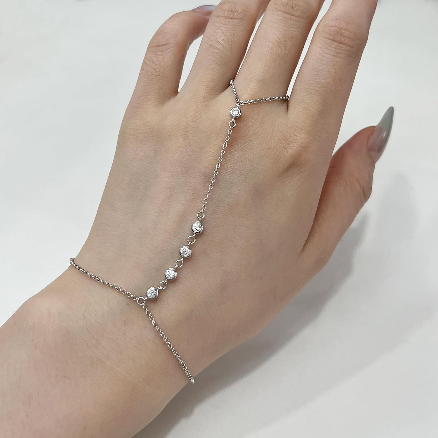 CZ Diamond Ring Bracelet Hand Chain - 925 Sterling Silver Finger Ring Bracelet for Women- Slave Bracelets 7" to 9" Length - Image 4