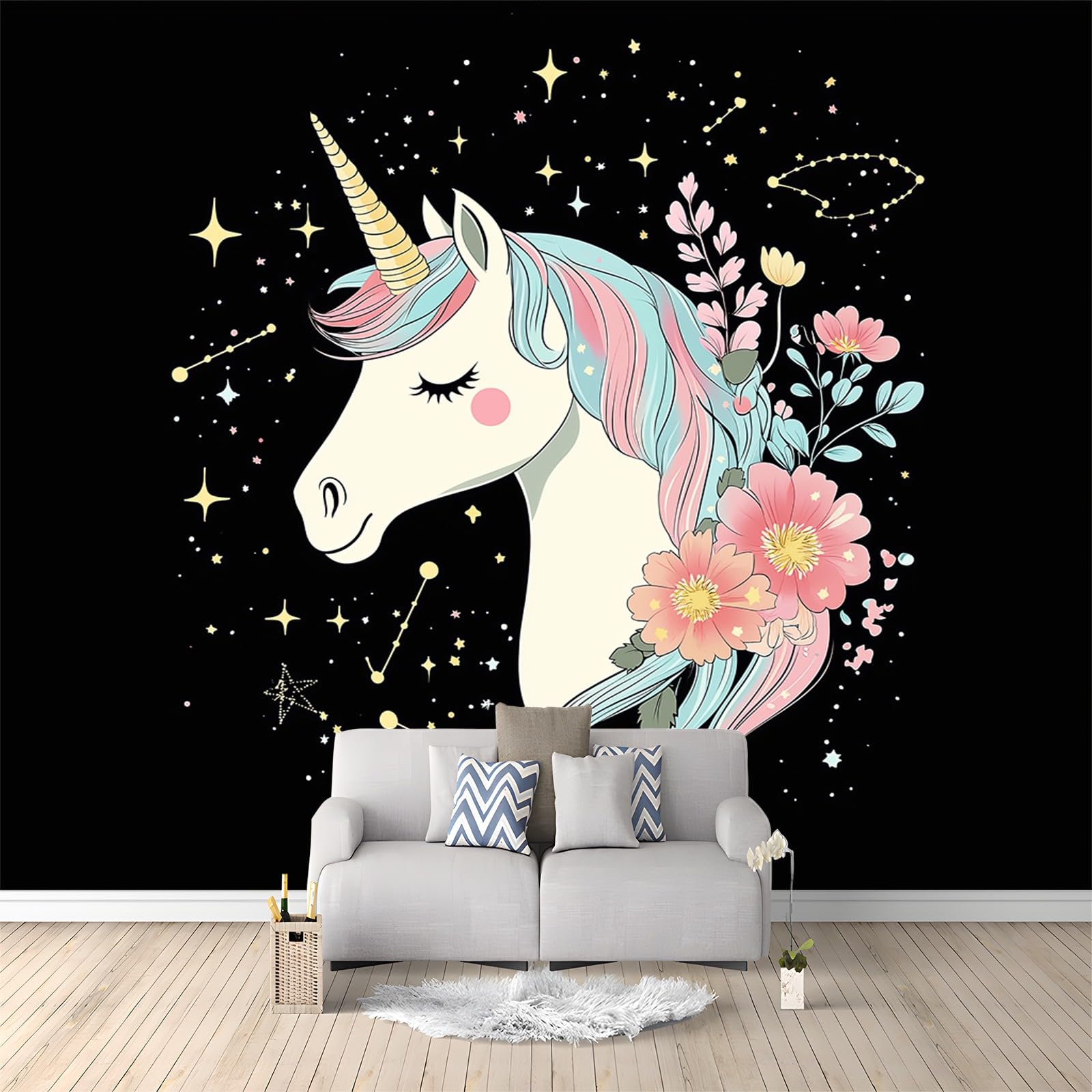 Papier mural moderne noir licorne avec effet relief 3D trompe l'oeil unique