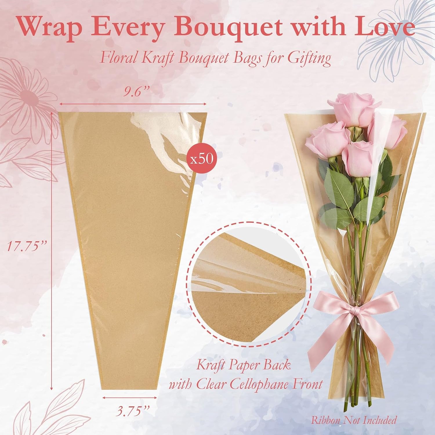 allydrew Flower Bouquet Bags, Kraft Paper Floral Wrapping Sleeves for Valentines, Mothers Day, Weddings (50pcs)