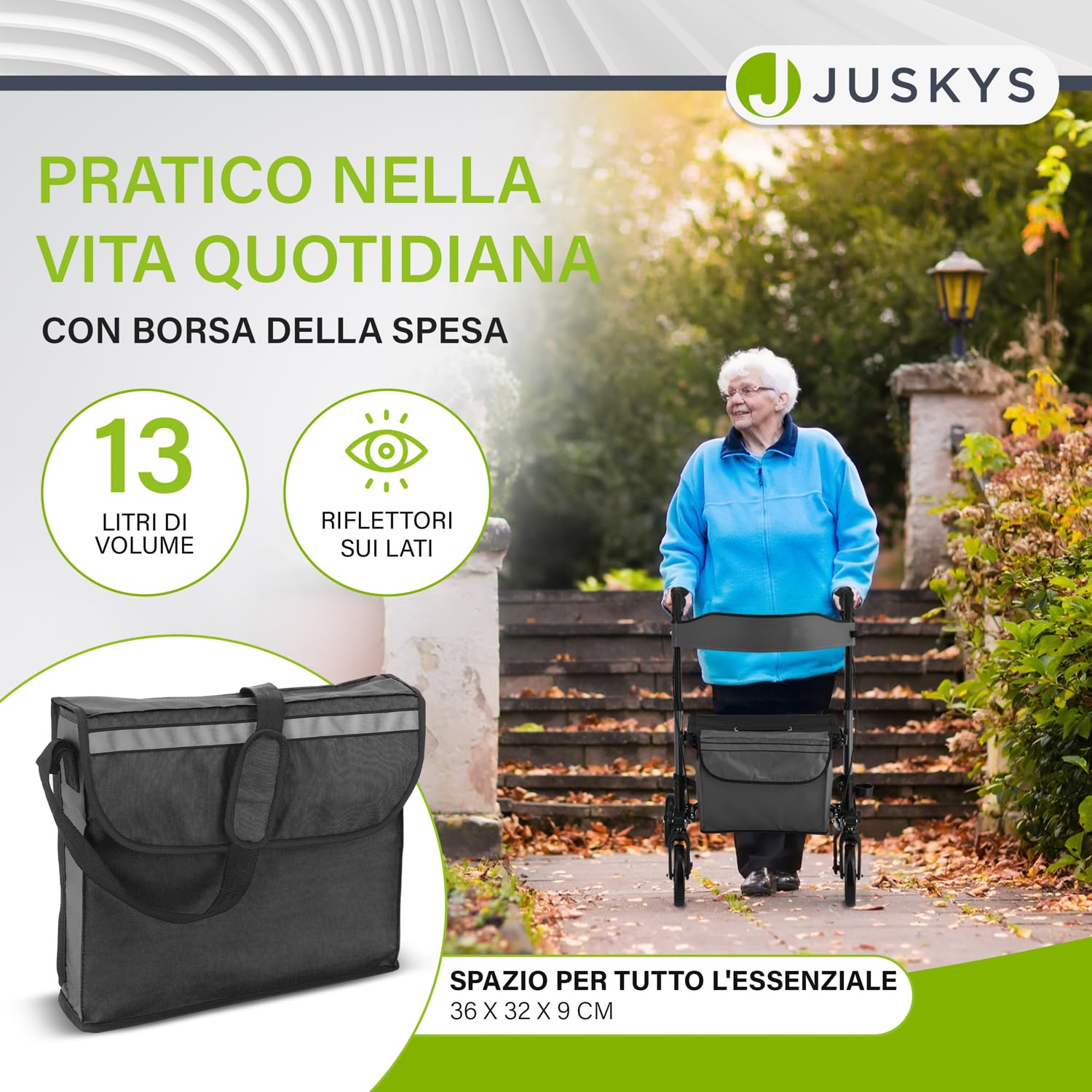 Juskys Rollator Vital nero – Aiuto per la deambulazione pieghevole e leggero in alluminio fino a 130 kg – Supporto per la deambulazione regolabile in altezza con sedile, borsa e supporto per ombrello