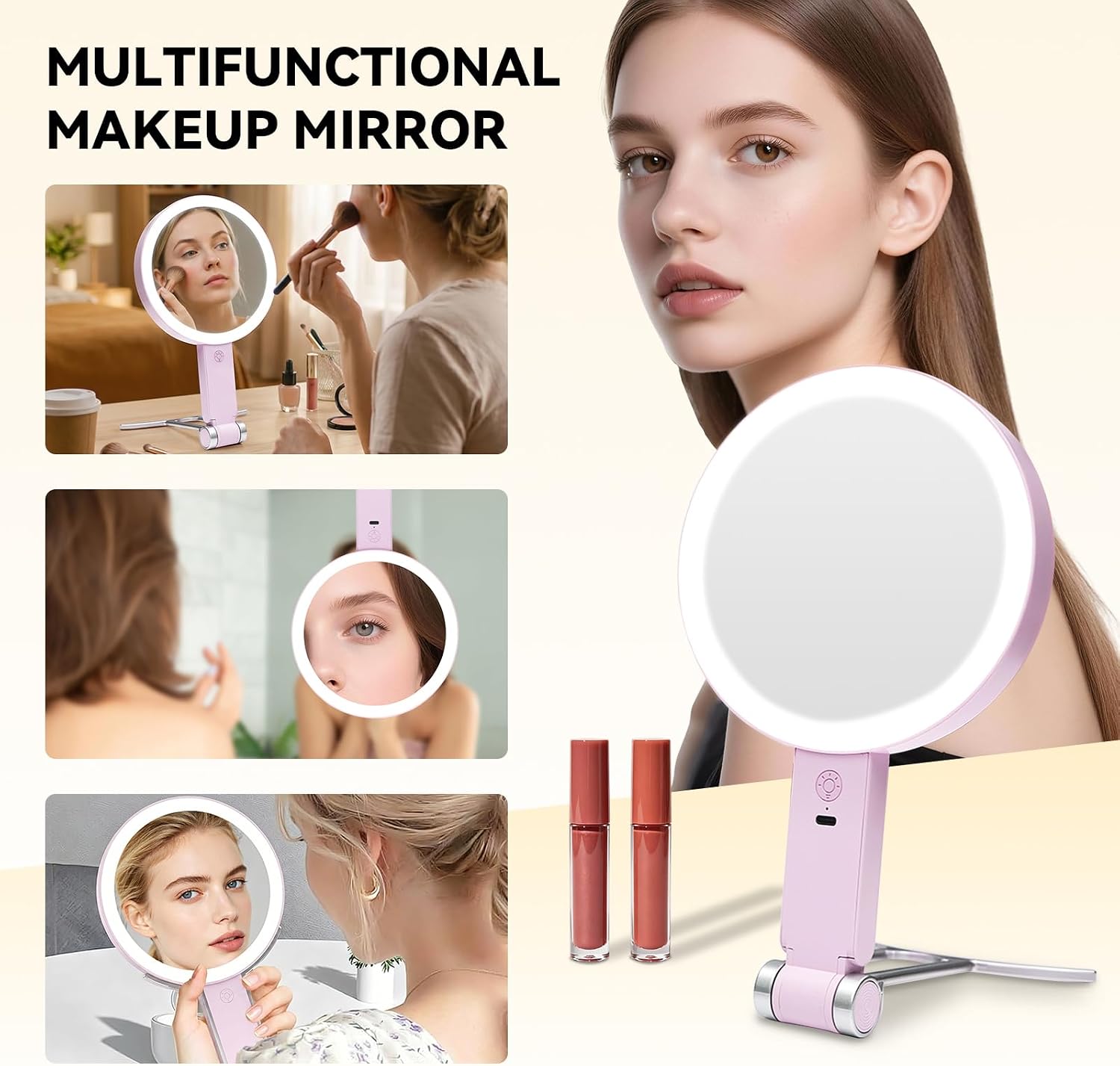 Travel Makeup Mirror with Lights for Women, Rechargeable Double-Sided 30X/1X Magnifying Mirror, Portable Lighted Vanity Mirror for Travel, Trips, Daily Makeup, 64 LED Lights, 3 Color Dimmable Lighting