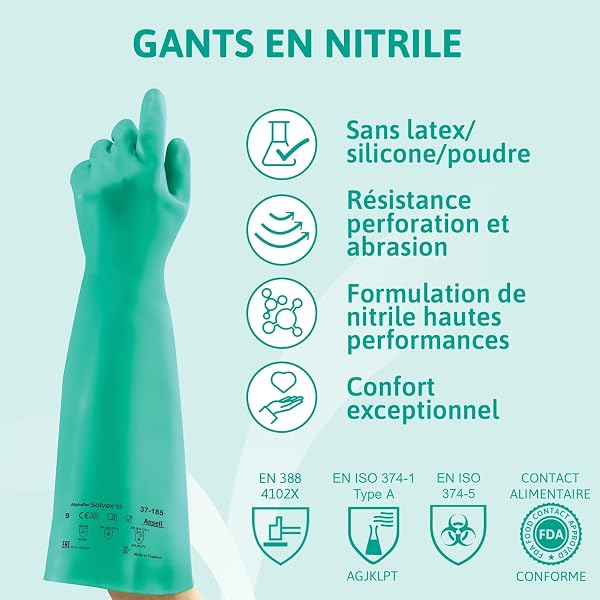Gros plan sur la texture du nitrile vert des gants Ansell AlphaTec 37-185, soulignant leur robustesse et leur conception réutilisable.