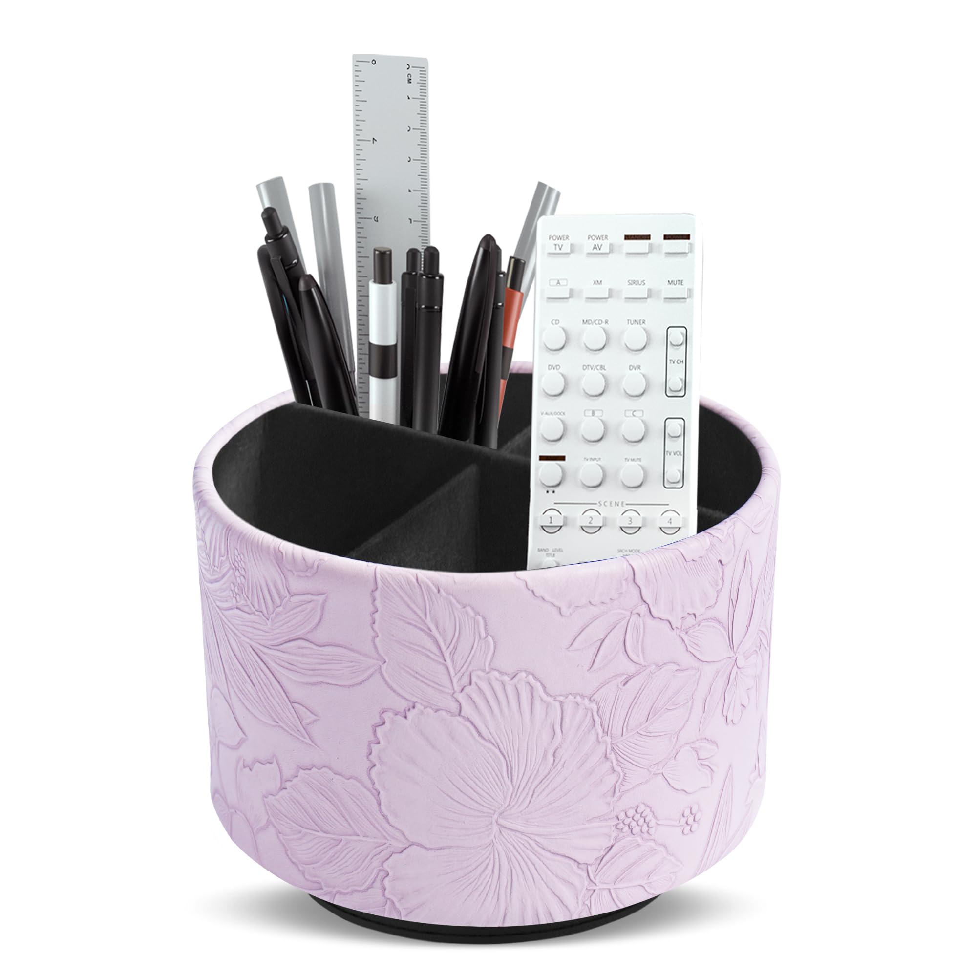 Czzmy 1-Carved Purple Round Leather Art Supply Organizer,Remote Control Holder,360 Degree Spinning,Multi-Functional Pencil Holder,4 Compartments Desktop Stationary Organizer(1-Carved Purple)