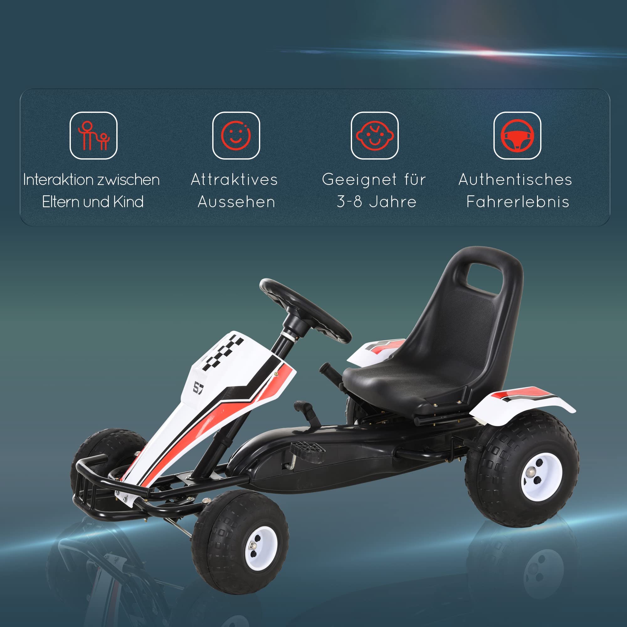 HOMCOM Gokart, Tretauto mit verstellbarem Sitz, Bremse, Pedalantrieb, Tretfahrzeug mit Vor- und Rückwärtsgang, Kinderfahrzeug bis 35 kg belastbar, für Kinder 3-6 Jahre Weiß