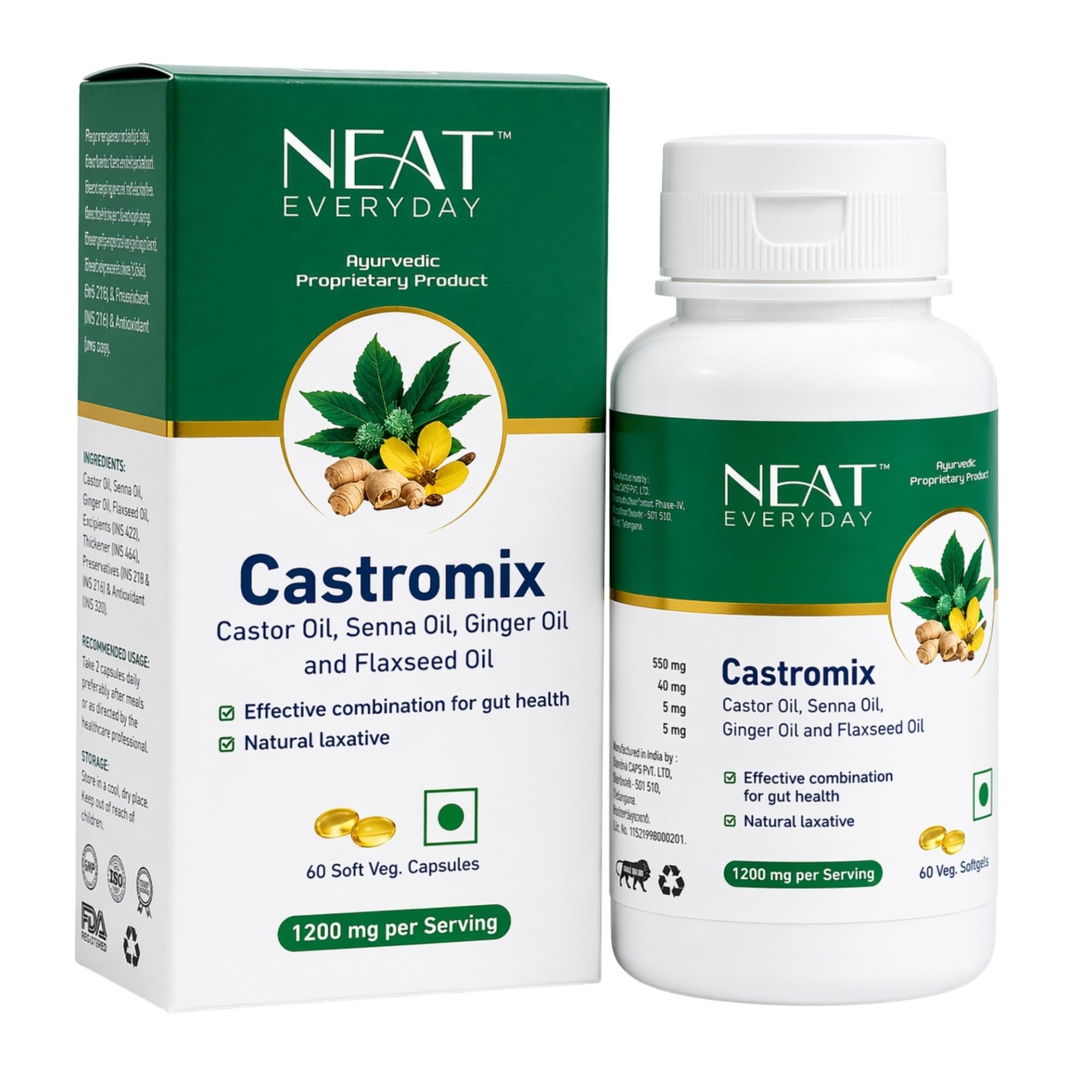 NEAT EVERYDAY Castromix Vegan Soft Gel Capsules Jar | 60 Veg Ayurvedic Capsules for Gut Health & Digestive Comfort | 1200 mg Per 2 Capsules-image-36