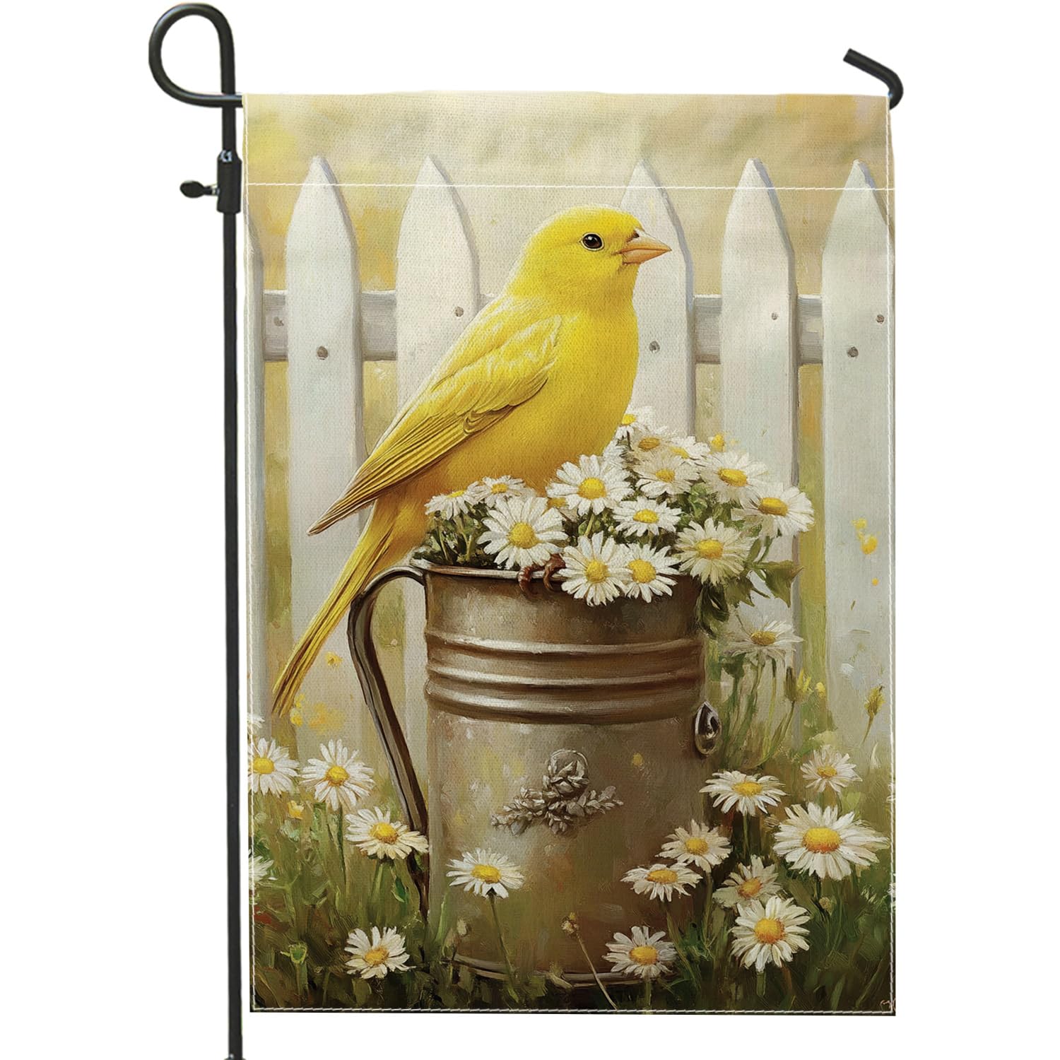 Spring Summer Yellow Finch Garden Flag, Flower Pot Home Decor Garden Banner, Double Sided Burlap Yard Flag Outdoor Lawn Decoration 12x18 Inch