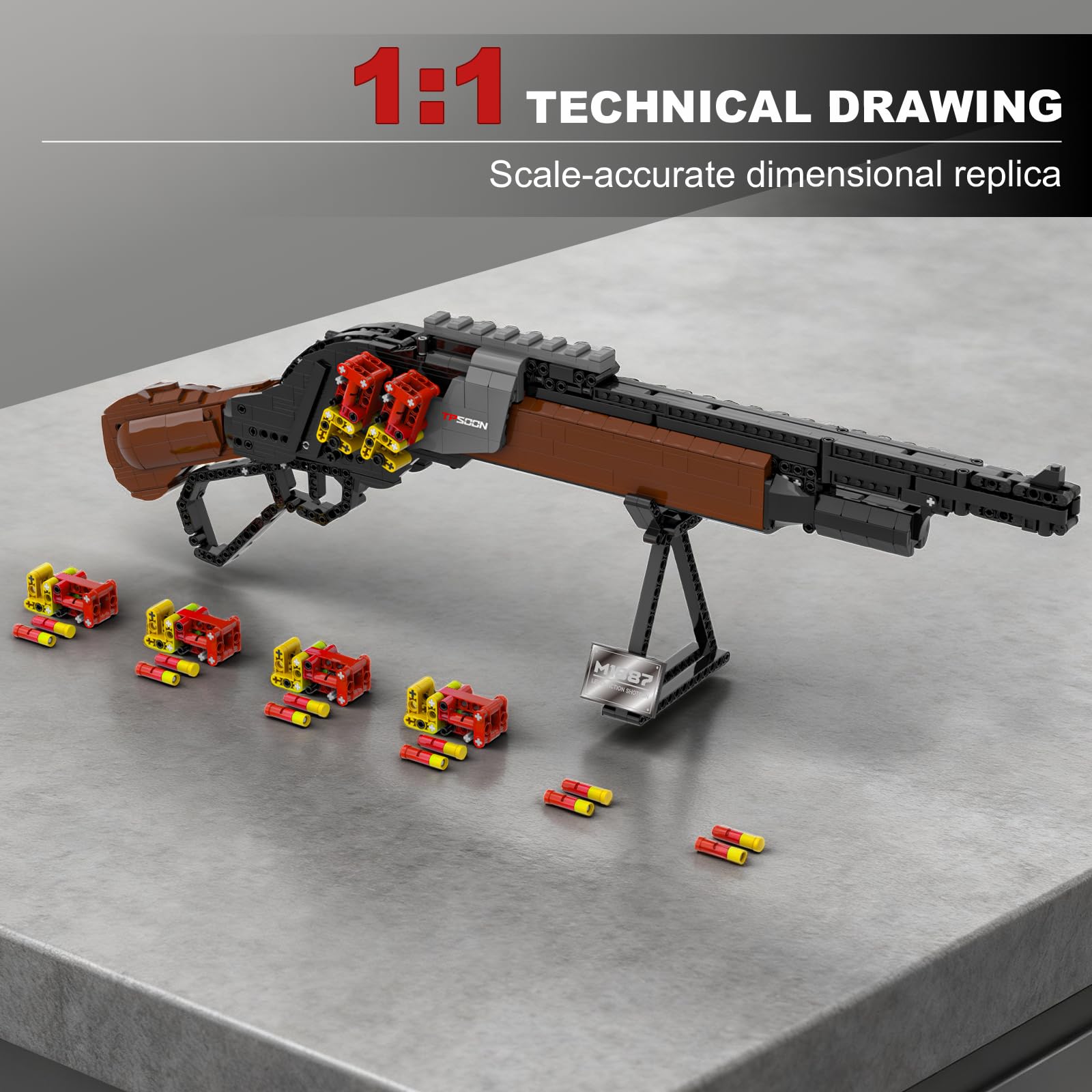 Sosuy M1887 Baustein Gewehr Set, 1:1 Waffenmodell Spielzeug für Kinder Männ | 1370Stk Schießbare Sturmgewehr Klemmbausteinel, Scharfschütze Pistole Bausatz Militärfans Geschenk für Erwachsene Jungen ab 8