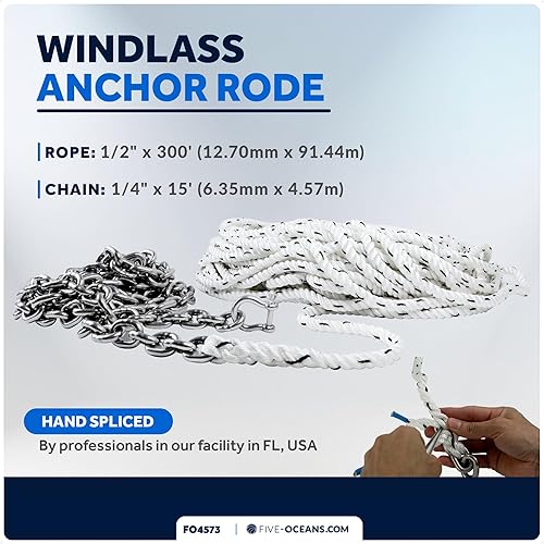 Vista 37 de Five Oceans Windlass Anchor Rode y cadena, cuerda de anclaje empalmada a mano y kit de cadena, cuerda de nailon de 3 hebras, cadena de acero