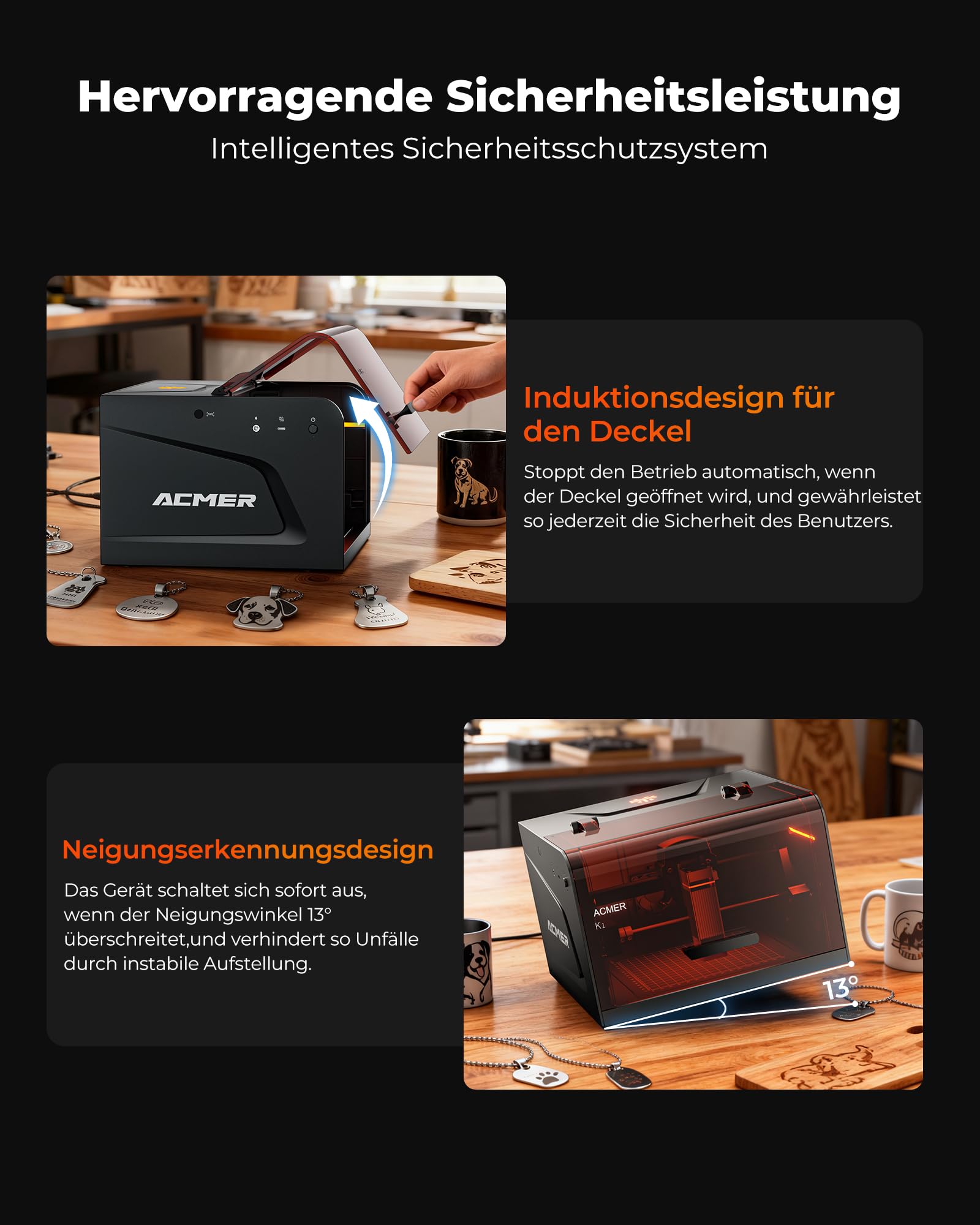 ACMER K1 Laser Graviermaschine 12000mW, Class 1 Kleine Geschlossene Sicherheit Laser Cutter, Gravurfläche 150×150mm, 0,01mm Präzision Hochpräzise Lasergravur Maschine für DIY Holz,Metall,Leder,etc.