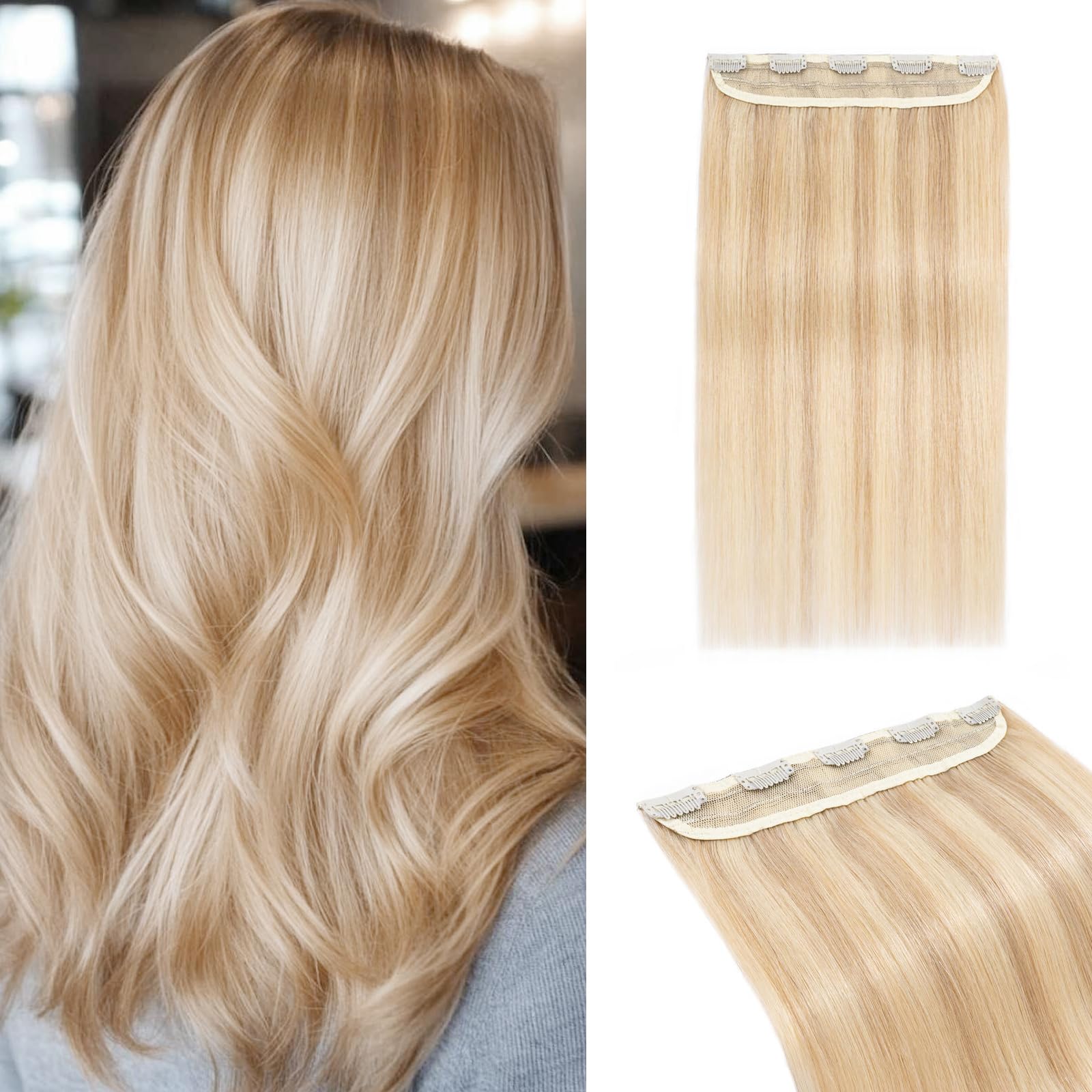 MY-LADY Extensión de Pelo con Clip 1 Pieza para Volumen 3/4 de Cabeza, 45cm Extensión Clip de Pelo Natural con 5 Clips, #18P613 Rubio Ceniza/Rubio 50g