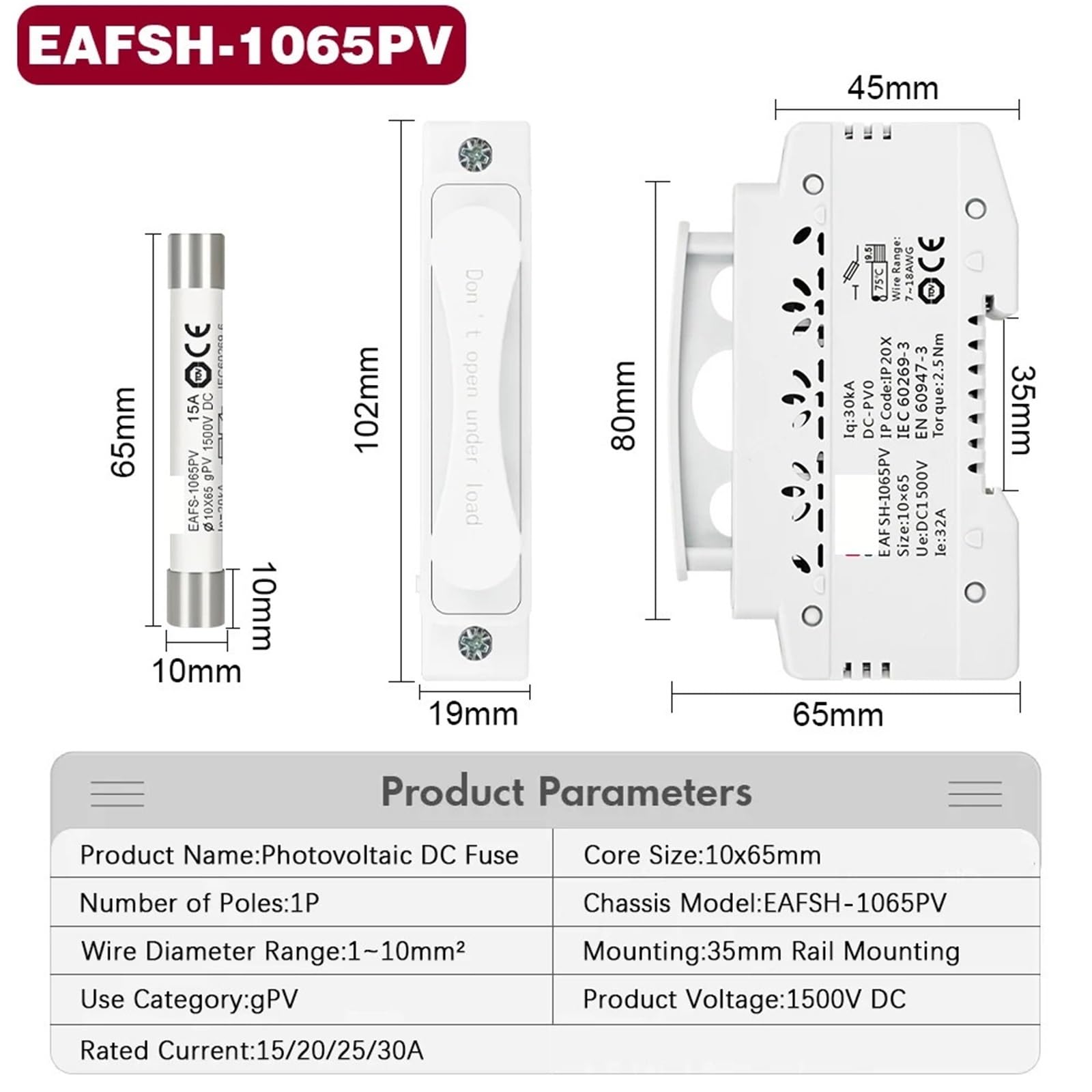 Base portafusibili fotovoltaico 20A 25A 30A su guida Din DC 1000V 1500V(15A,1065 Fuse)