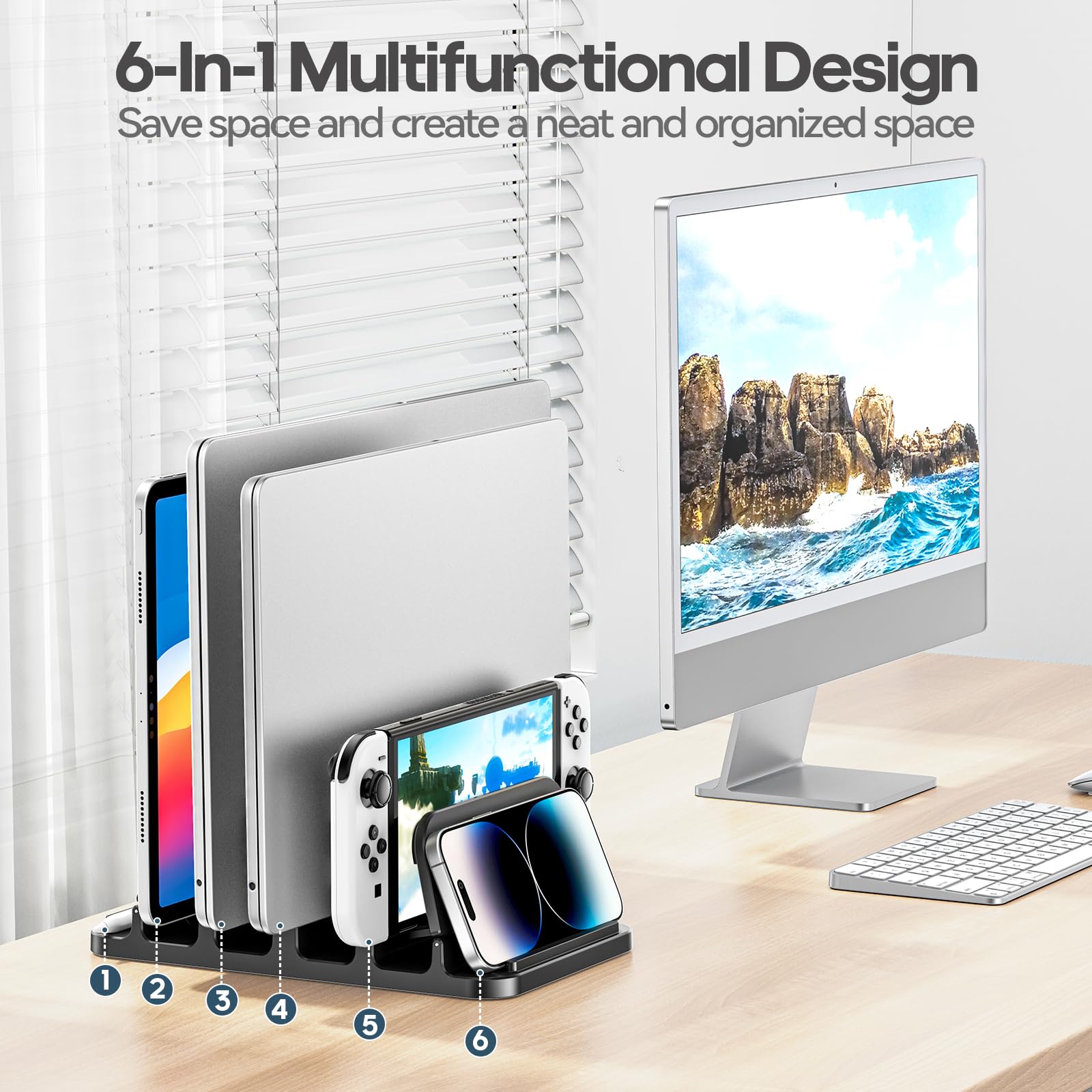 KDD Pionowy stojak na laptopa z blokadą grawitacyjną, uchwyt na laptopa 6 w 1, organizer oszczędzający miejsce pasuje do MacBooka/Surface/Samsung/HP/Dell/Book/tablet/Switch i telefonu komórkowego