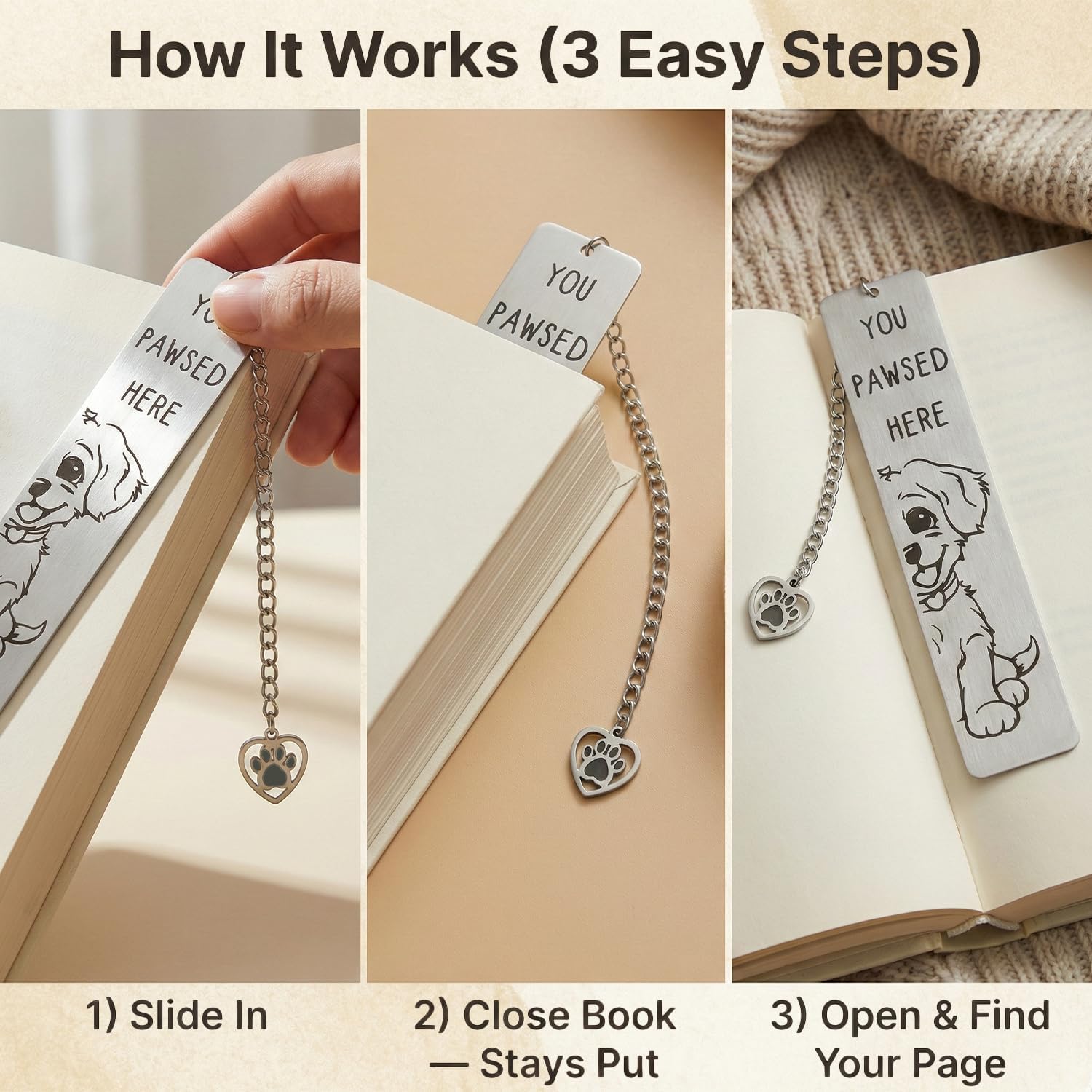Dog Bookmark, Stainless Steel Metal Bookmark with Paw Charm, Engraved “You PAWSED HERE”, Cute Puppy Book Marker Gift for Dog Lovers & Dog Moms - Image 3
