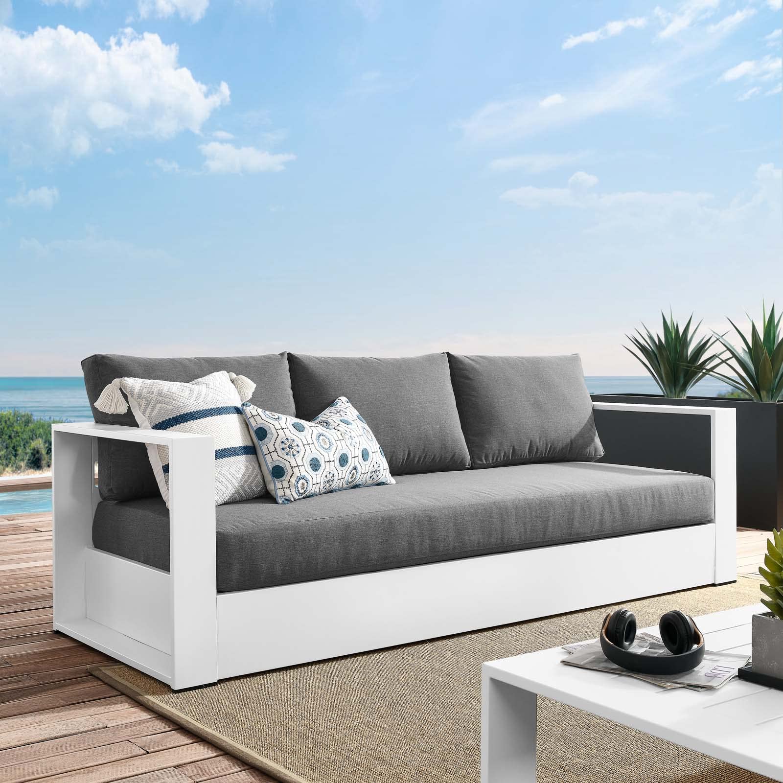 Modway Tahoe Outdoor Patio Powder-Coated Aluminum Sofa, White Charcoal