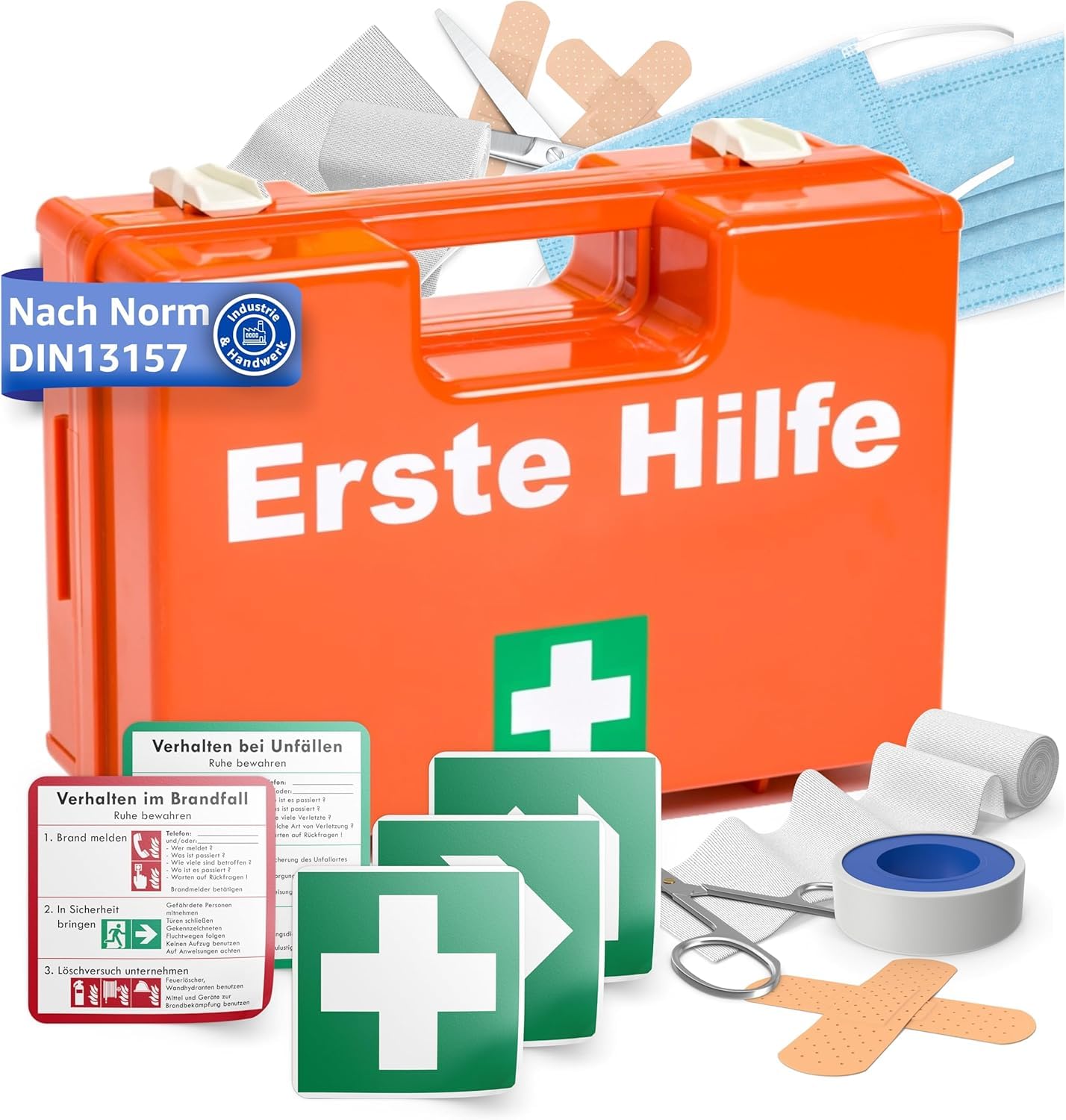 5x Erste Hilfe Koffer - DIN 13157:2021 Kasten & 5x Aufklebern - Verbandskasten orange - inkl. Wandhalterung (5)