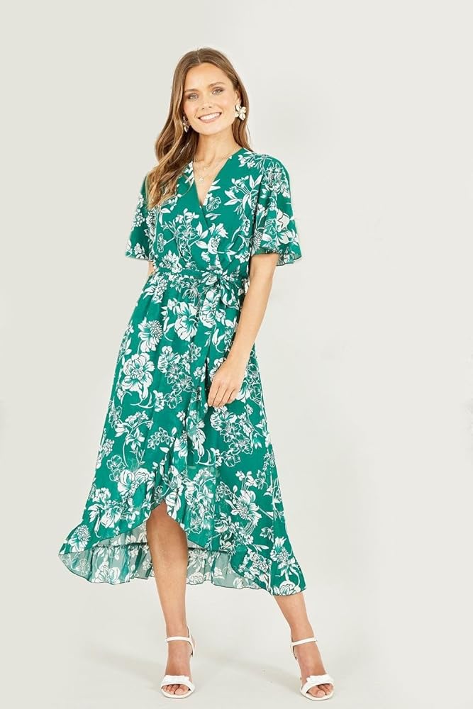 green floral wrap midi dress Frill Sleeve Pleated Wrap Midi Dress, Green Floral main image 1