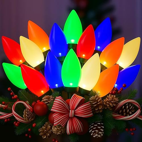 Luces LED de Navidad para exteriores, 26 pies, 50 unidades, multicolor, C9, luces de Navidad vintage de ahorro de energía, enchufables para