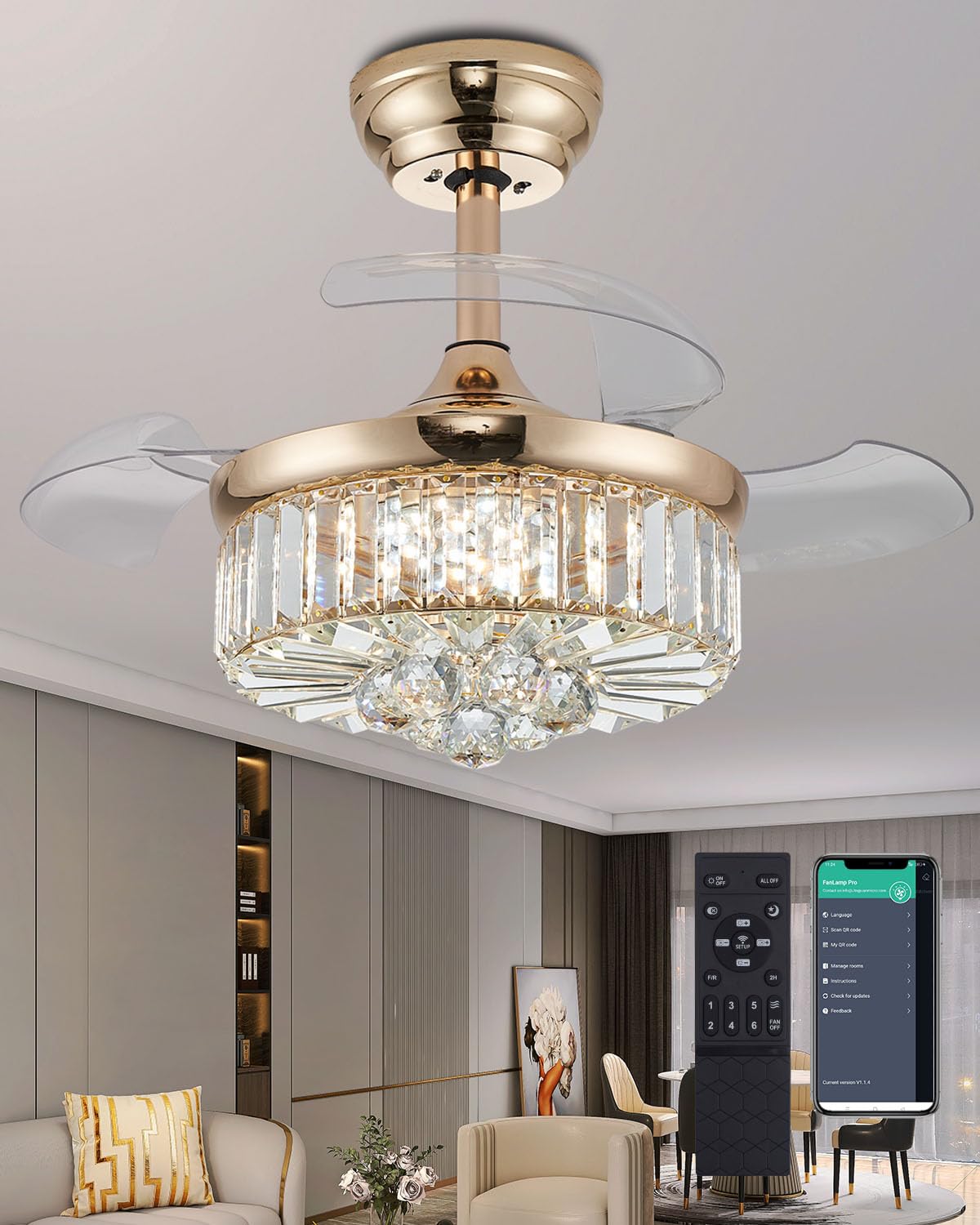 30 inch crystal fandelier ceiling fan with light dimmable chandelier ceiling fans with lights for living room bedroom,gold