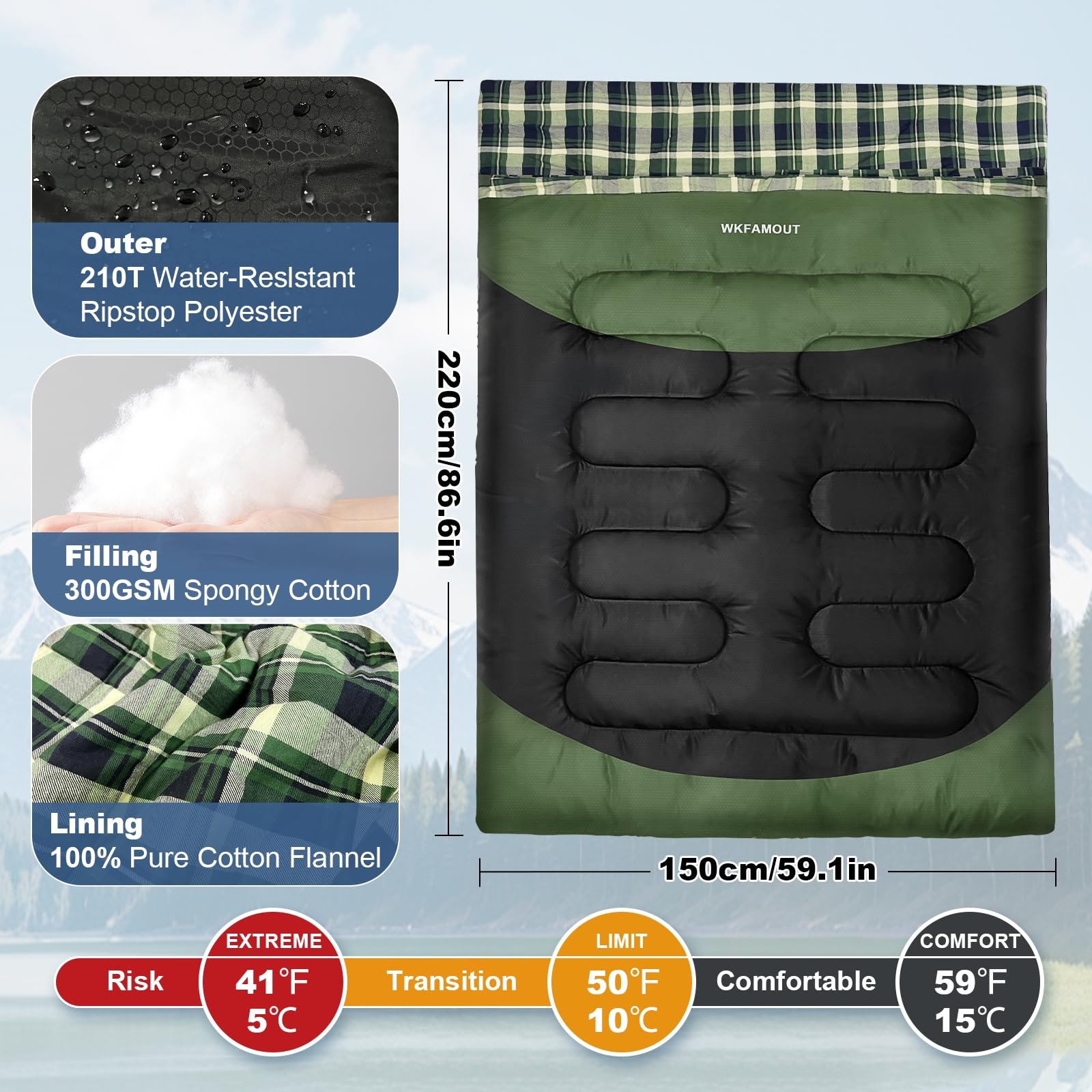 Saco de Dormir Doble de Franela de algodón 220 x 150 cm para Adultos 3-4 Estaciones Saco de Dormir Doble para Exteriores Mantente Caliente Impermeable para Camping Senderismo o Senderismo