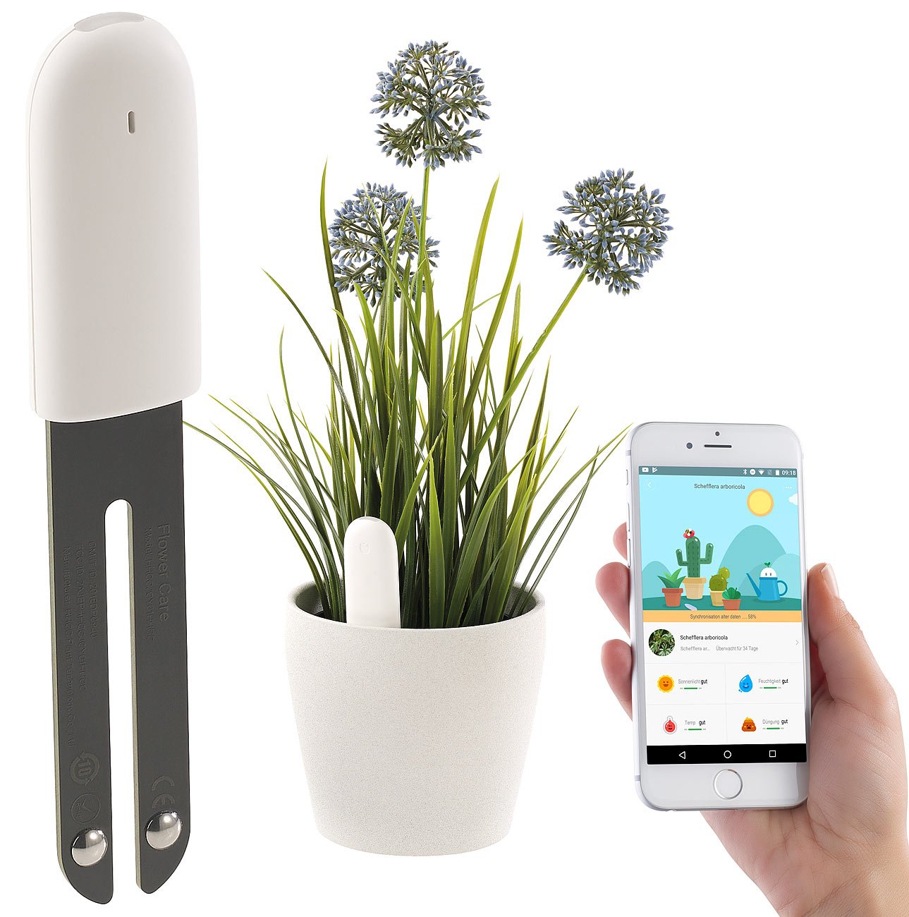 Royal Gardineer Gießanzeiger: 4er-Set 4in1-Pflanzensensoren SUN-141 mit Bluetooth und App-Kontrolle (Gießanzeiger elektronisch, Pflanzenwächter, Topf)