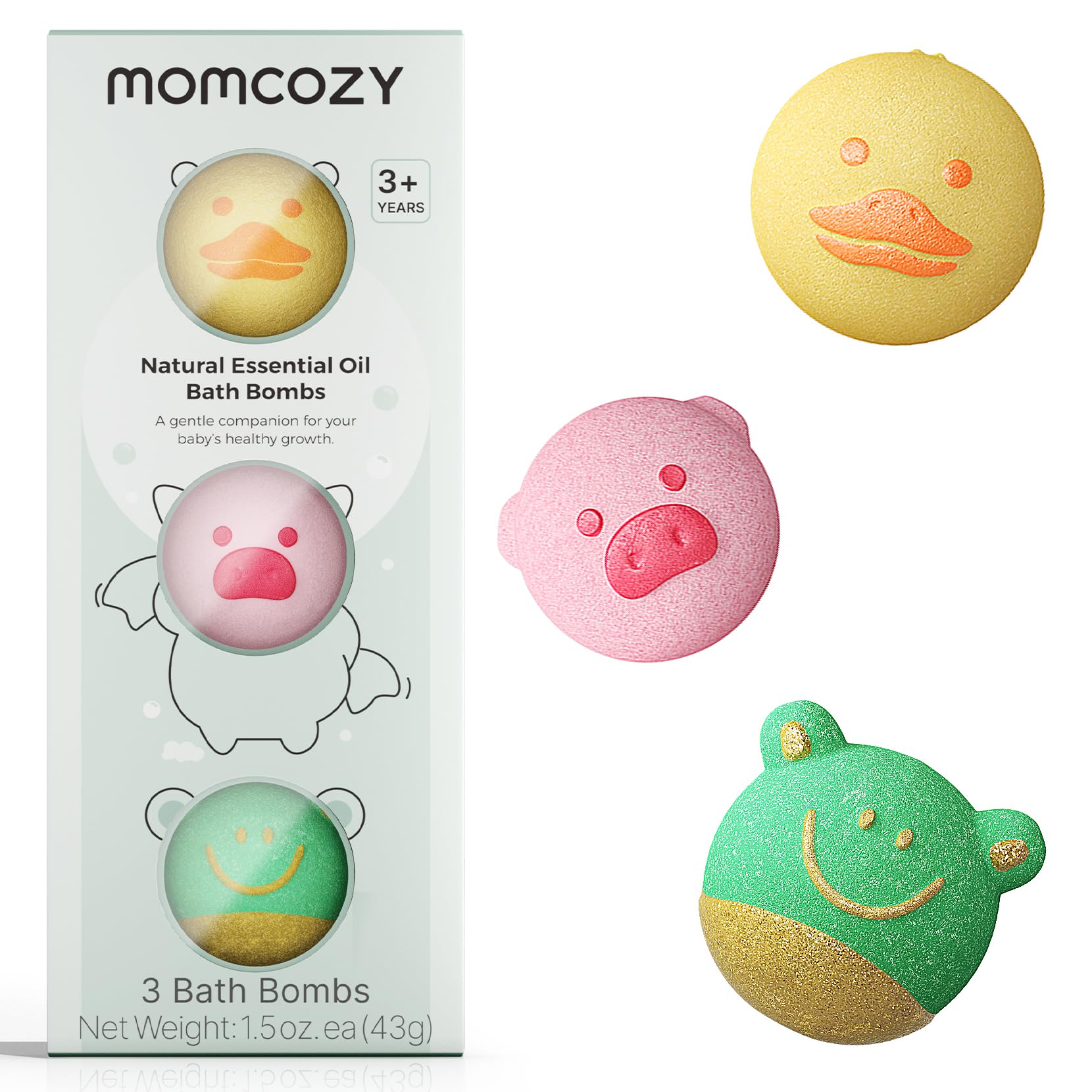 Momcozy Natural&Organic Essential Oil Bath Bombs,3 Pcs Bubble Bath Fizzy Balls with 3 Cute Shapes,Bath Bombs Gift Set for Kids Girls Boys Toddler,