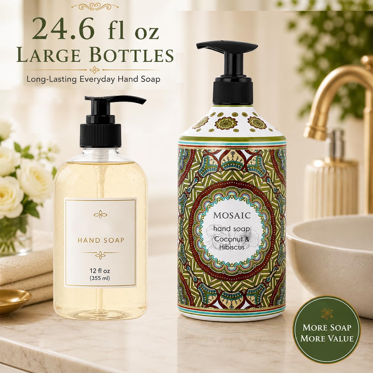 Mosaic - Juego de jabón líquido para manos y jabón de manos, ideal para baño y cocina, aceite de oliva + coco e hibisco + Gardenia + flor de naranja, 4 x 727 ml cada botella de jabón líquido