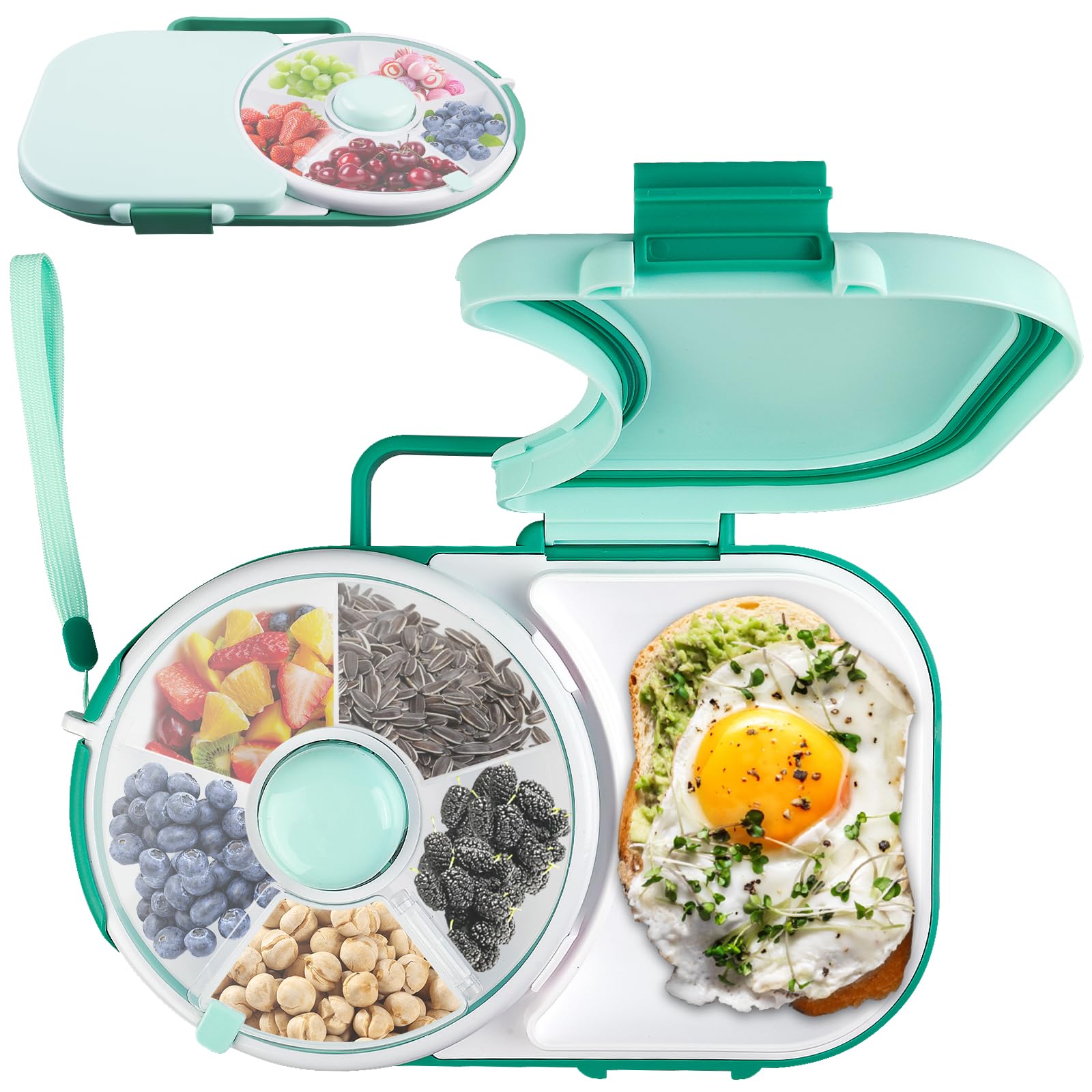 Snackspinner, ronde snackbox voor kinderen, snackbox met vakken, snackhouder, draagbare snackbord, snackschaal, snackspinner, snackbox met deksel, snackschalen, snackbox voor outdoor, familiefeest