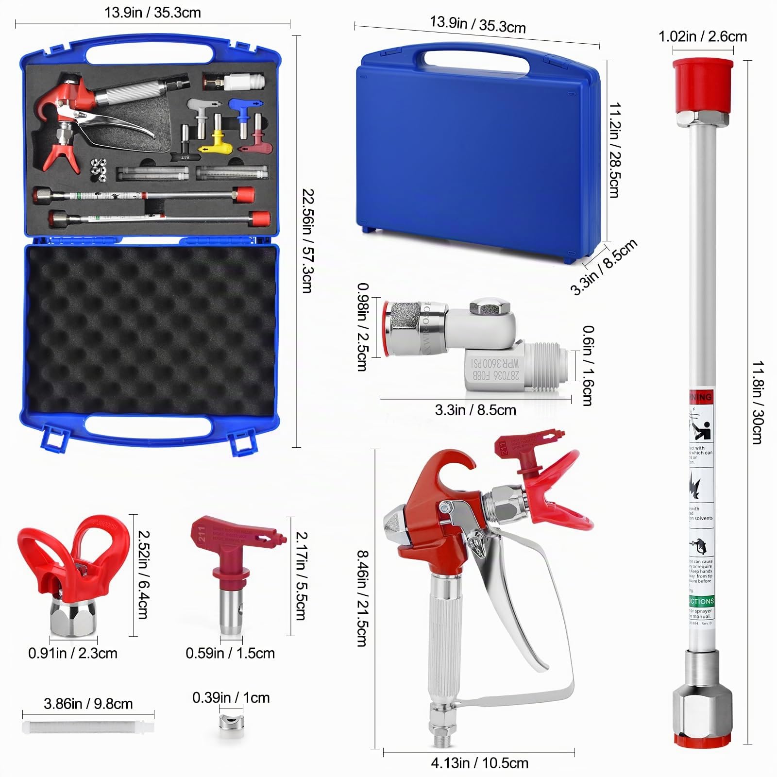 Kit de pistola de pintura Airless 3600 PSI, 1 protector de boquilla, 5 cabezales de pulverización, 2 varillas de extensión, 1 junta giratoria, 5 filtros y 1 caja