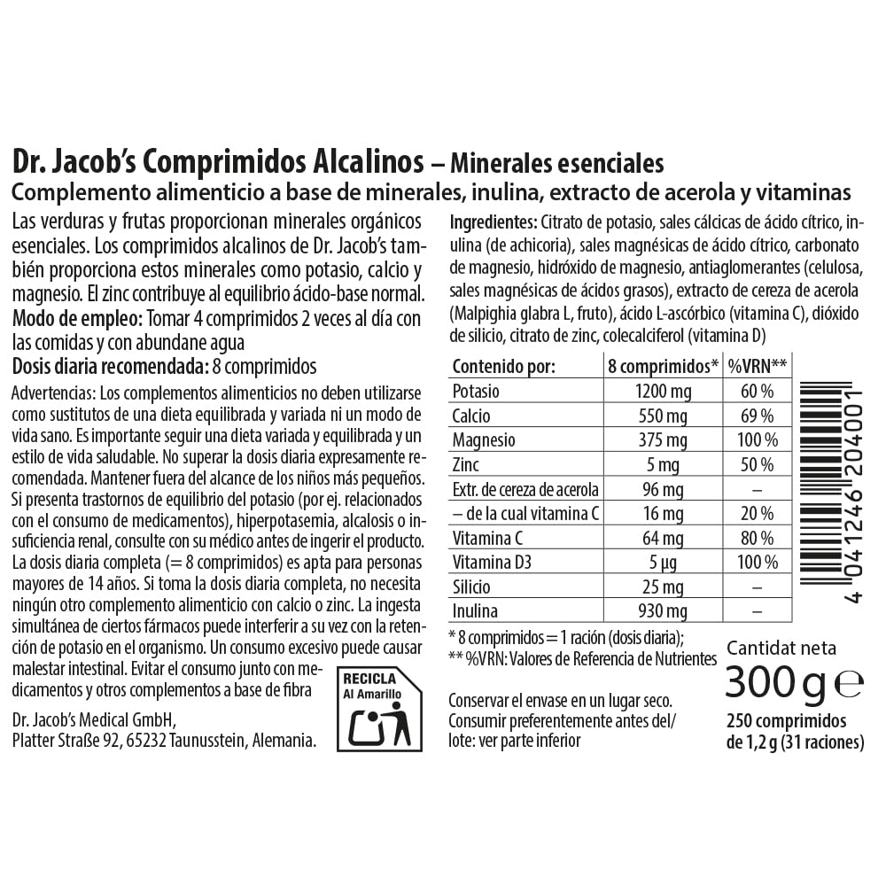 Dr Jacob's Comprimidos Alcalinos, 250 Comprimidos | Bajo en Sodio, Rico en Potasio | Para Músculos, Presión Sanguínea¹ y Huesos² | Minerales, Potasio, Calcio, Magnesio, Vitaminas C y D | 62 Dosis