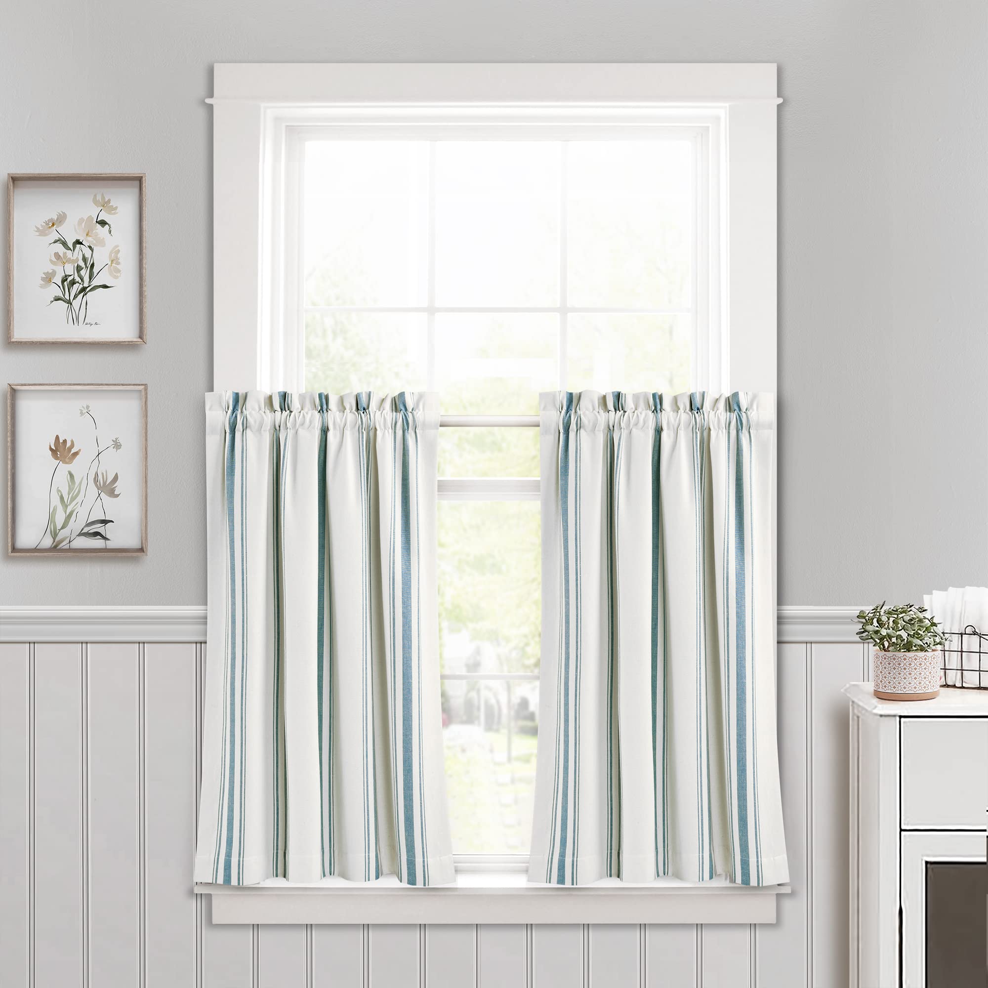 Lush Decor Tenda da cucina in cotone riciclato tinto in filo a righe, 73,7 cm di lunghezza x 91,4 cm di larghezza, blu