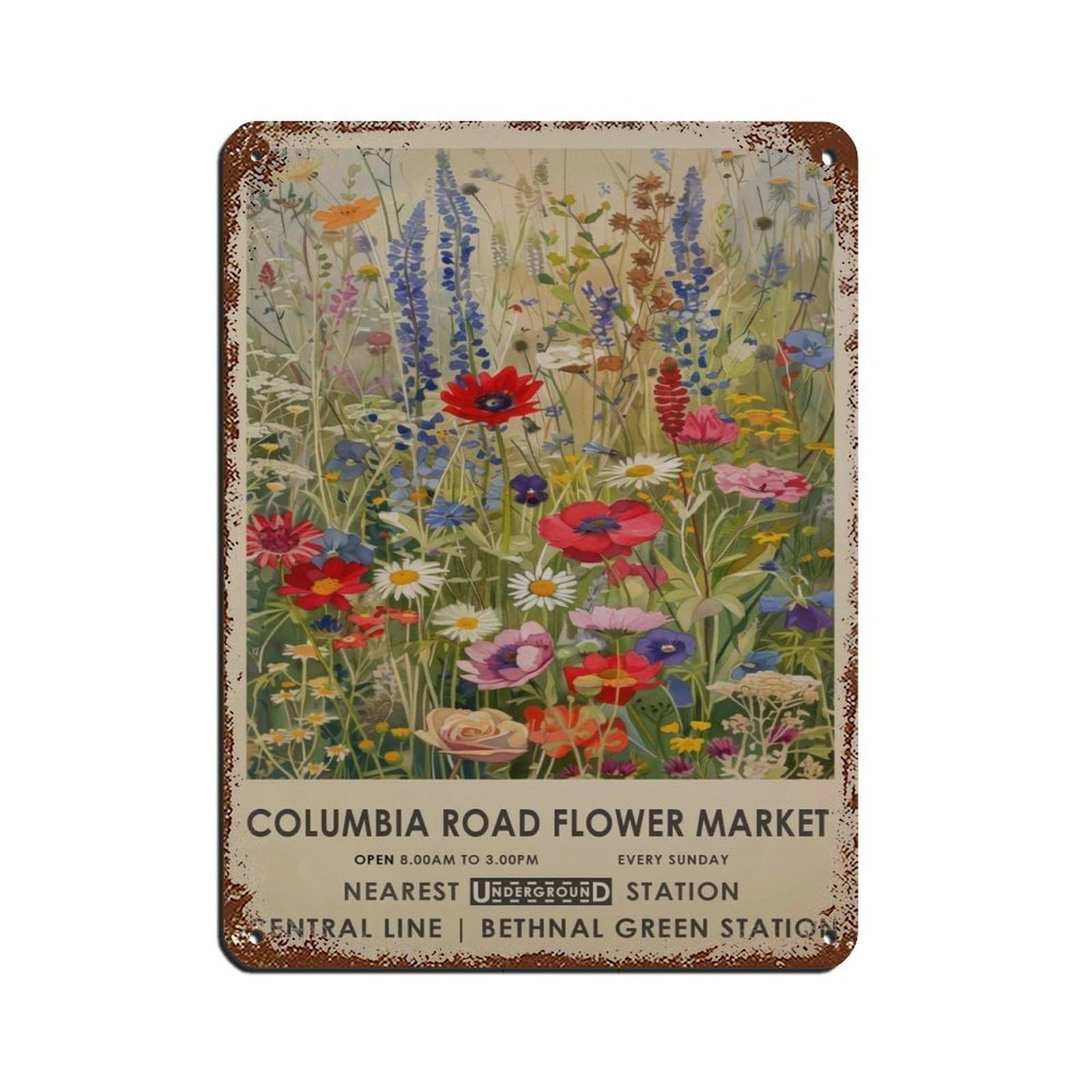 Columbia Road Flower Market, Vintage Meadow Flower Tin Sign Vintage Metal Pub Club Cafe Bar Home Wall Art Decoration Poster Retro 12x16inch(30x40cm)