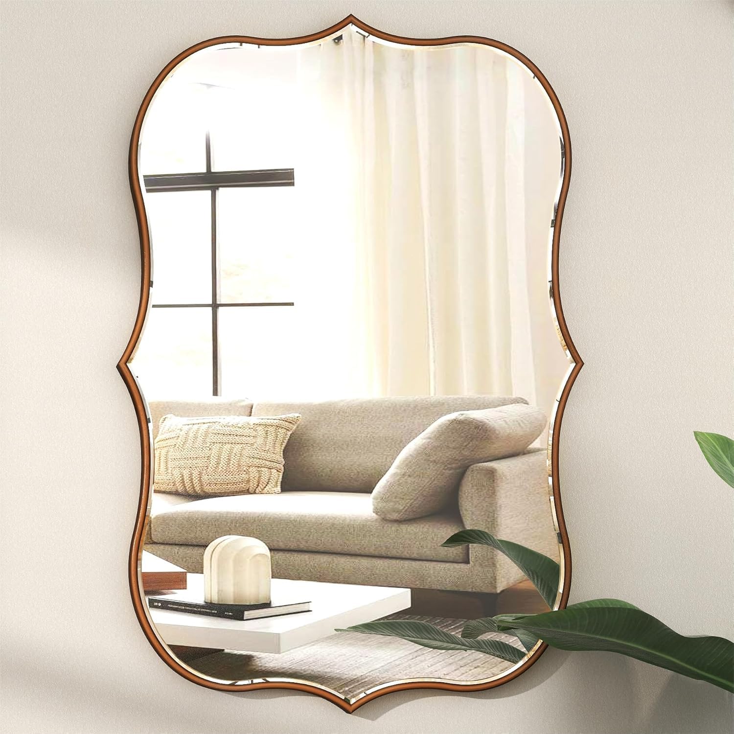SHYFOY Specchio da Parete Moderno, 90 x 60 cm, Grande Specchio da Bagno Oro, Specchio Ondulato Asimmetrico con Cornice in Legno Smerlato, Specchio da Parete Dorato per Soggiorno
