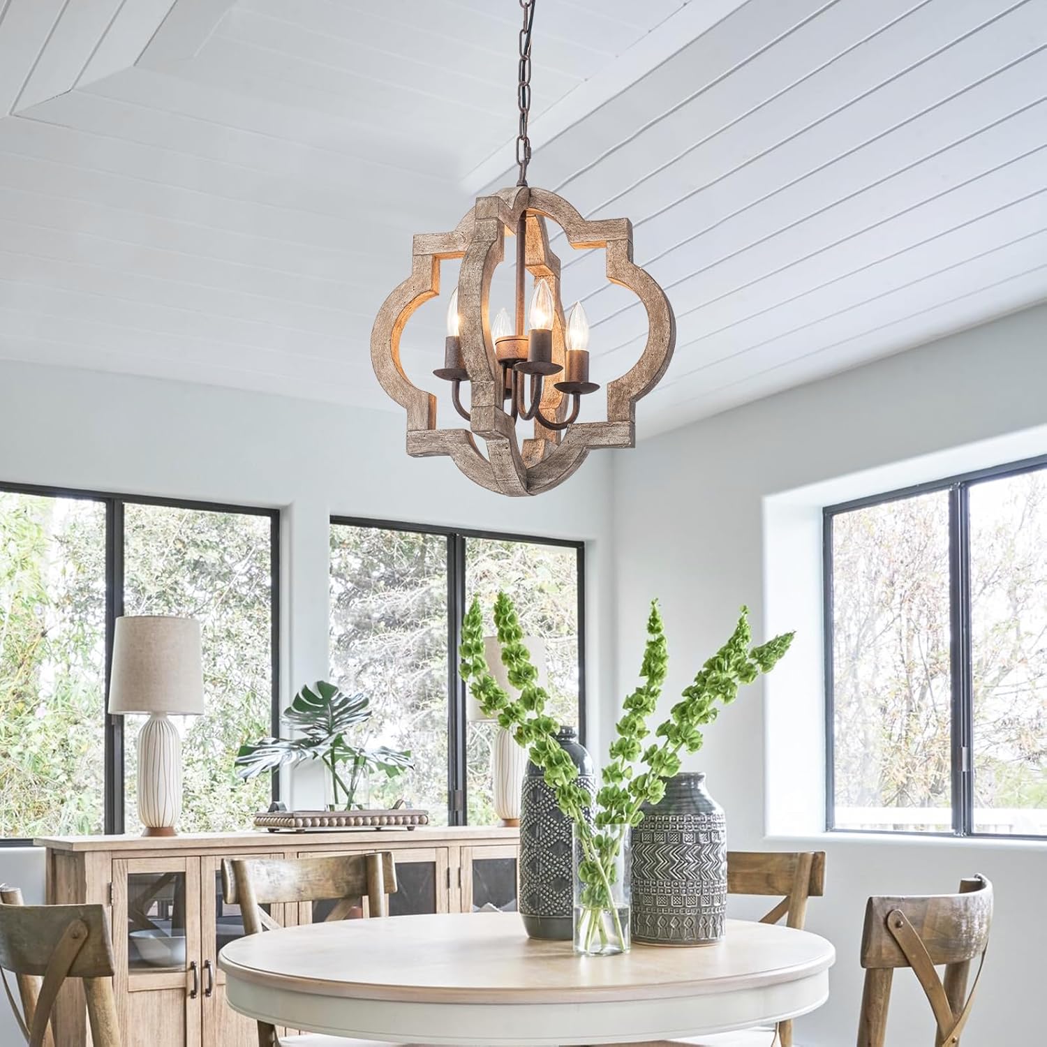 15.75" Oak Farmhouse Chandeliers for Dining Room Distressed Wood Pendant Light Fixture 4-Light Rustic Ceiling Hanging Light for Kitchen Island Bedroom Hallway Entryway Foyer E12*4