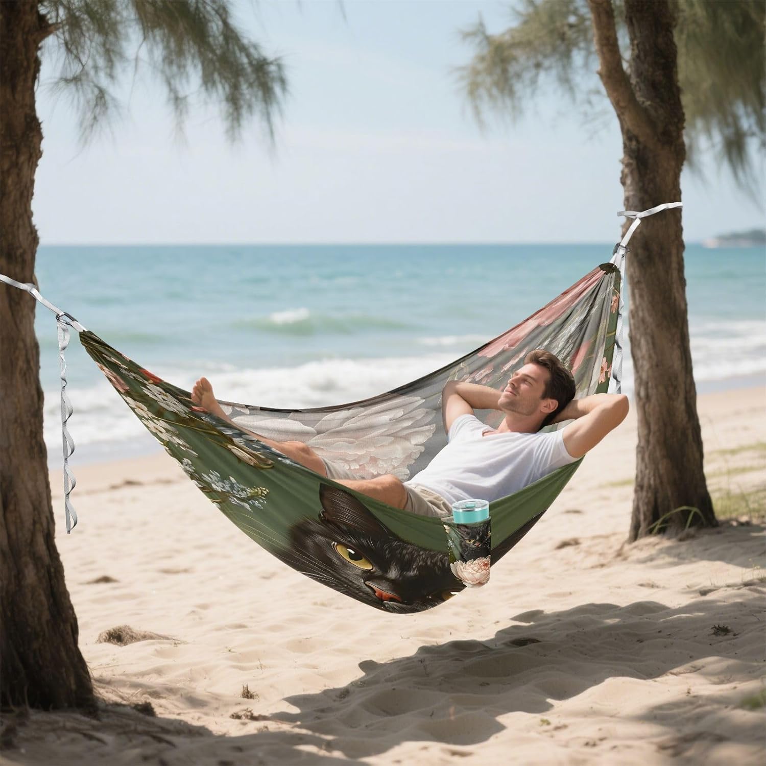 ALAZA Black Cat Peony Flowers Camping Hammocks Single or 2 Person 500 lbs Portable Parachute Travel Hammock w/Tree Straps for Hiking Backpacking Indoor Outdoor